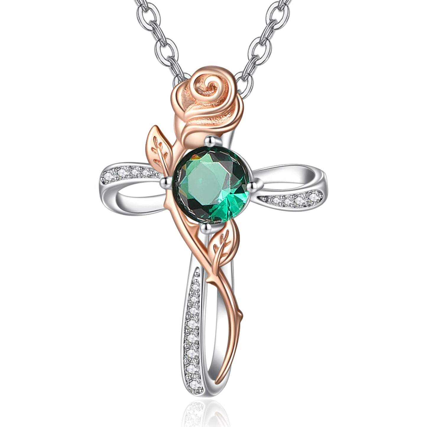 Zeuslia Cross Necklace for Women Sterling Silver Cross Pendant Jewelry with Rose Emerald May Birthstone Necklace Christian Religious Baptism First Communion Confirmation Birthday Gifts for Women