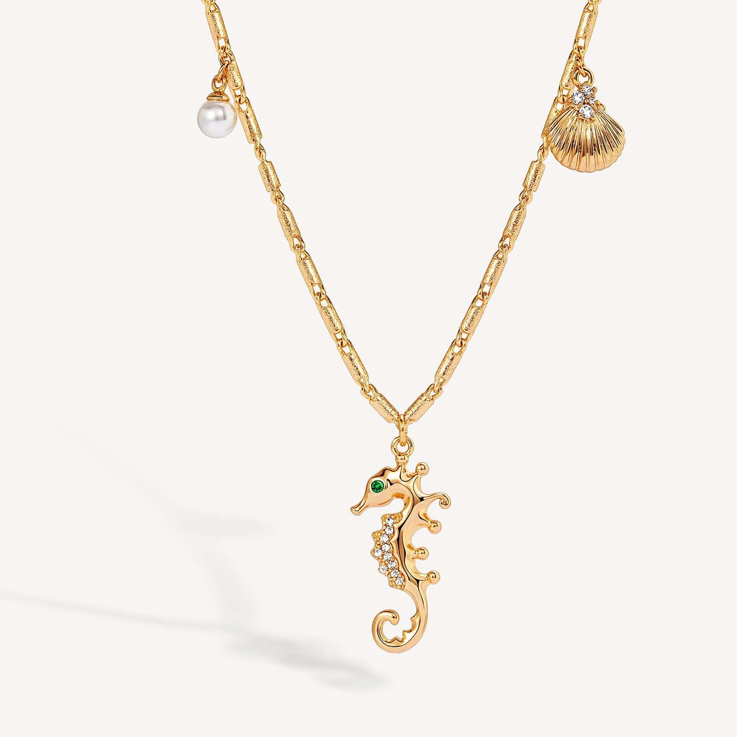 MEVECCO Dainty Gold Seahorse Pendent Necklace for Women 18K Gold Plated Cubic Zircon Cute Shell Pearl Hang Chain Necklace Boho Handmade Ocean jewelry