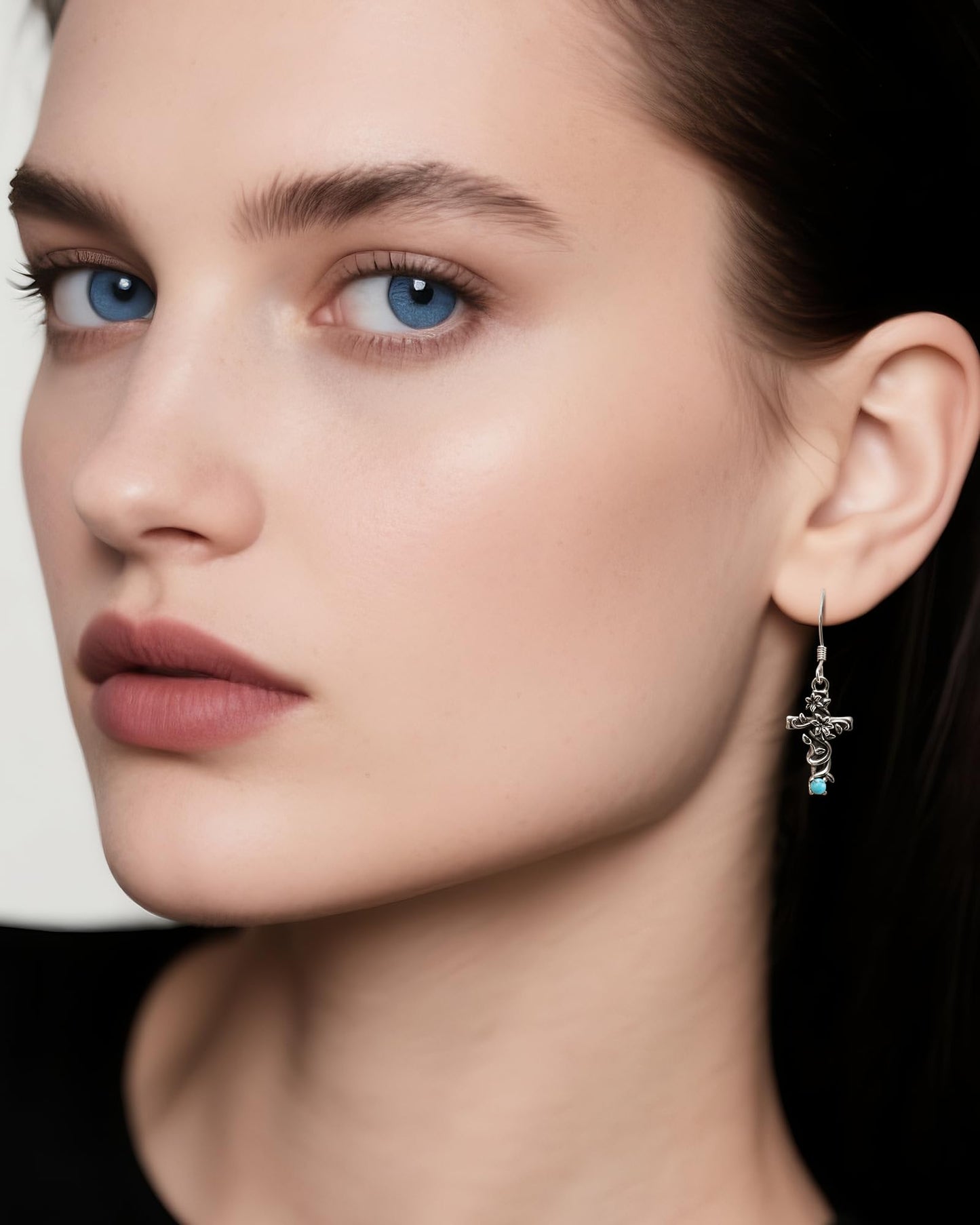 S925 Sterling Silver Turquoise Dragonfly Sunflower /Hummingbird/Butterfly/Cross/Anchor Earring Vintage Bohemian Jewelry Natural Drop/Stud Earrings Birthday Jewelry Gifts for Women (Teardrop Turquoise Cross Earrings)