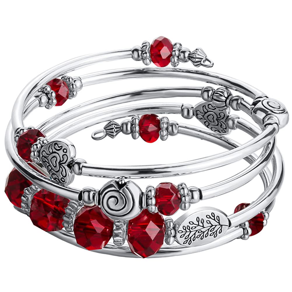 PEARL&CLUB Bead Crystal Wrap Bangle Bracelet - Fashion Jewelry Beaded Bracelet with Silver Metal, Gifts for Women(23-Red)
