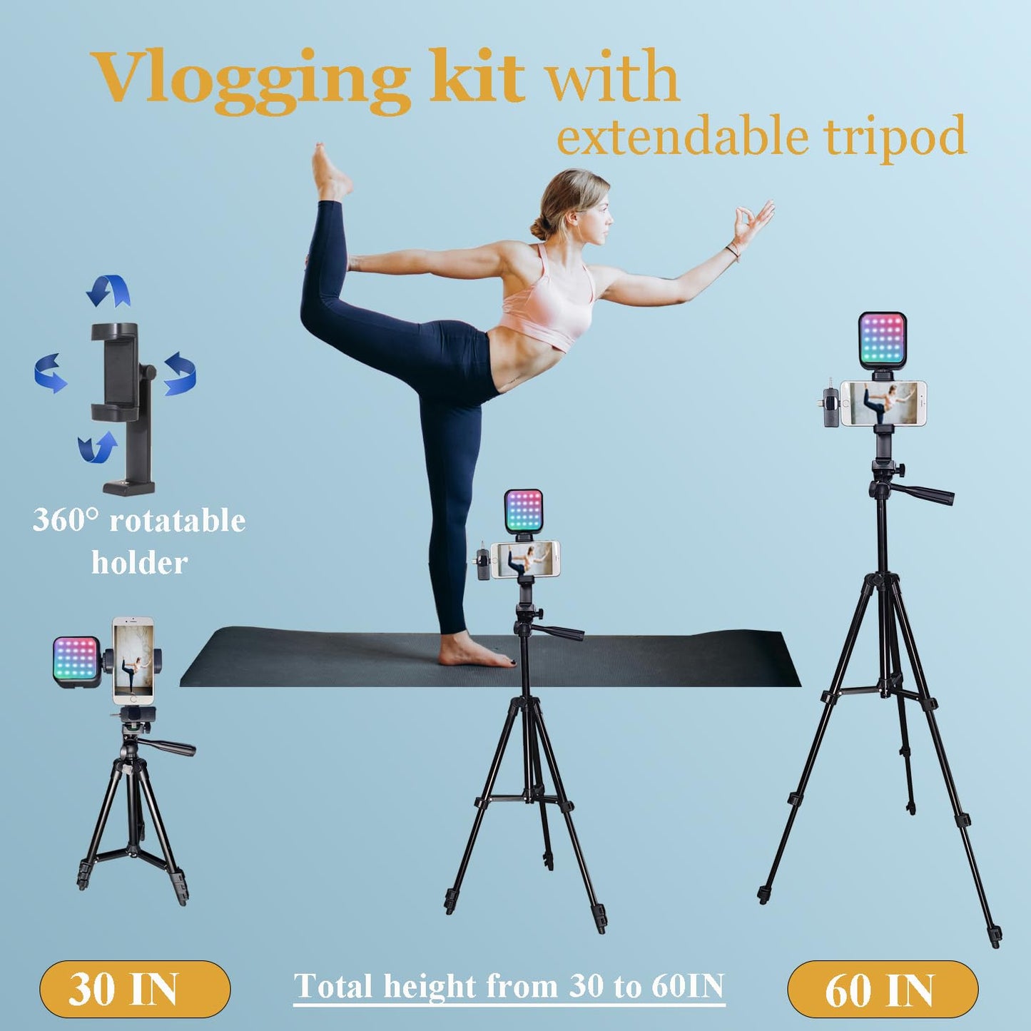 Litchitech Vlogging Kit for iPhone Andriod Phone, Content Creator Essentials,YouTube Begginer Kit with RotatableHolder/Lavalier Microphone/RGB Light/Remote/Extendable Tripod (60IN Tripod)