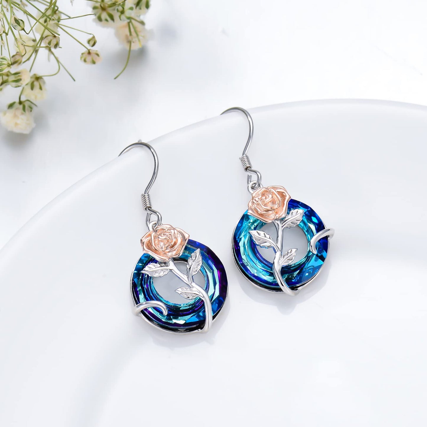 TOUPOP June Birth Flower Earrings Rose Flower Drop Dangle Earrings Blue Crystal Jewelry Birthday Mothers Day Gifts for Women Mom Her