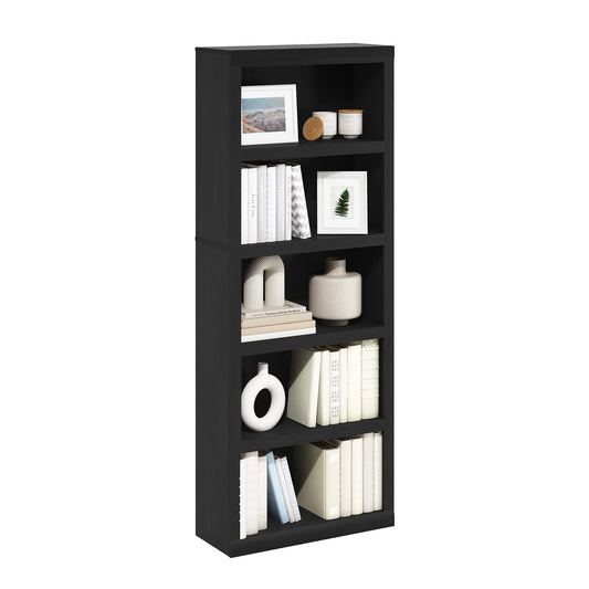 Furinno Rail Book Shelf, 5-Tier Bookshelf, Bookcase with Open Shelf, 10.1 x 24.6 x 63.5, for Living Room, Bedroom, Home Office, Blackwood