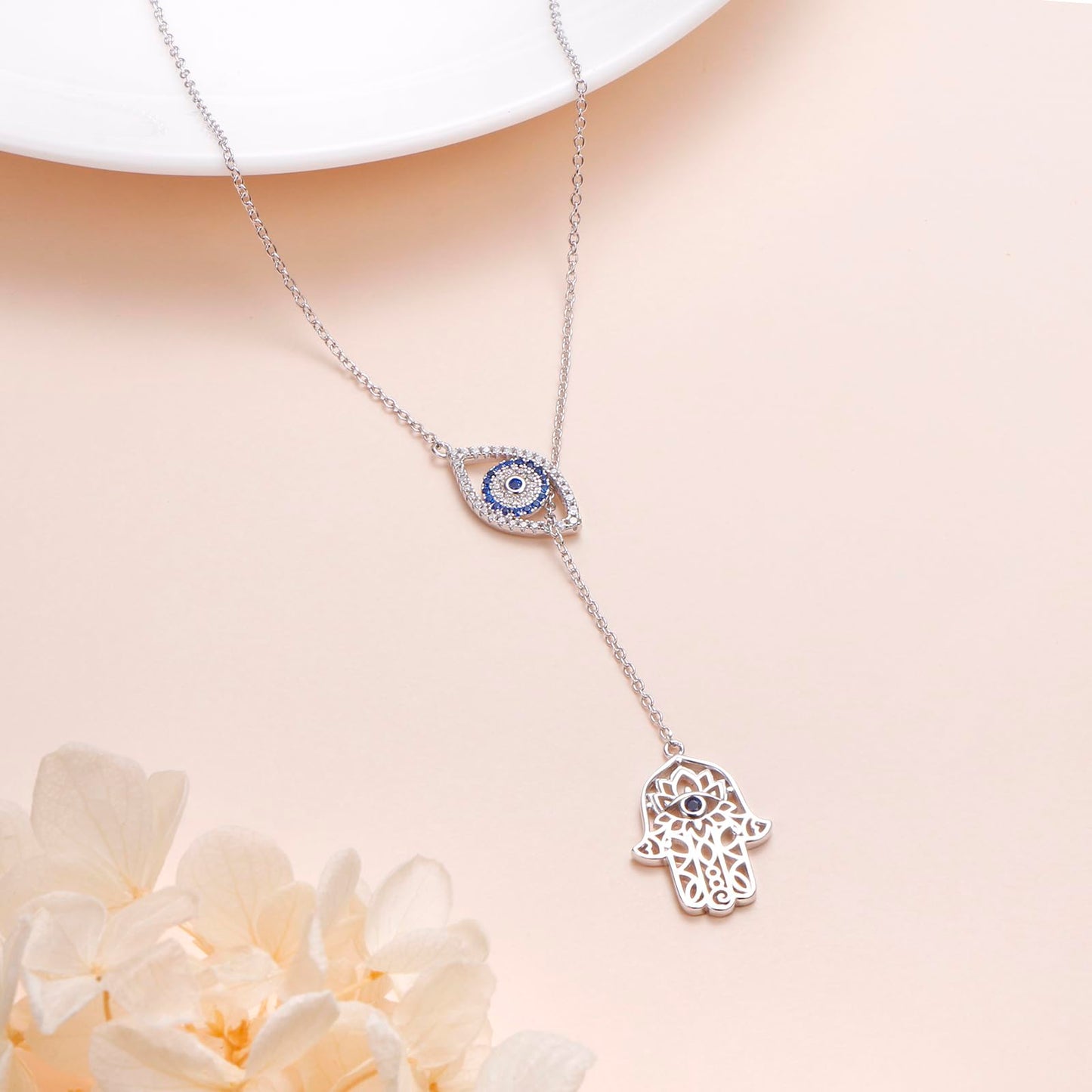 DAOCHONG Evil Eye Hamsa Hand Necklace 925 Sterling Silver Long Necklaces for Women Trendy Lariat Y Shaped Cubic Zirconia Pendant Necklaces Fashion Jewelry for Women Gift