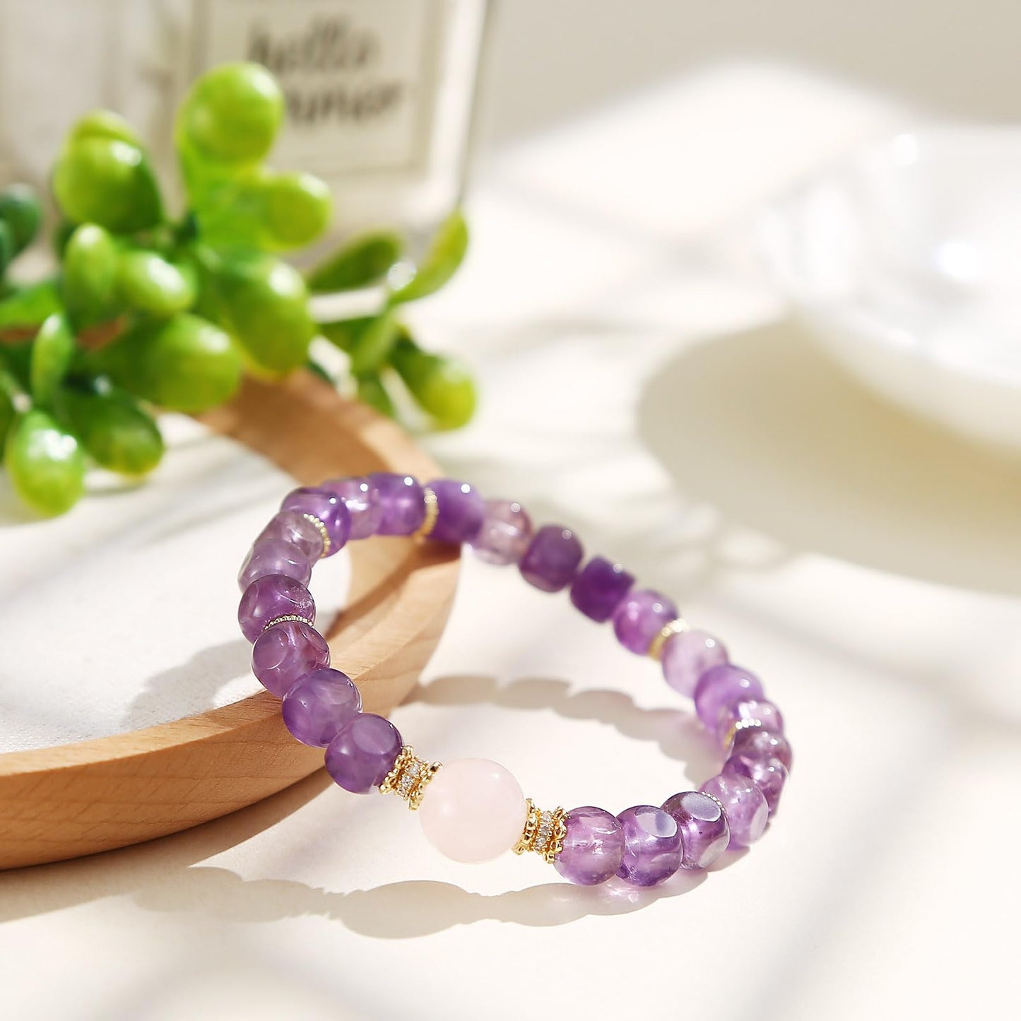 Magiriam Natural Amethyst Faceted Square Sugar Shape with Rose Quartz Bracelet Healing & Anxiety Crystal Bracelet - Gift for Women Lady and Friend