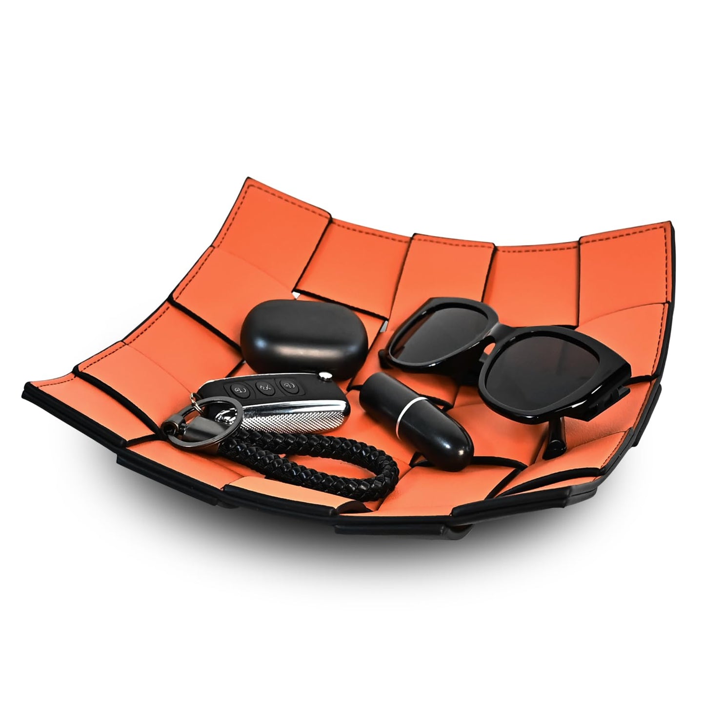 MSJGA Valet Tray PU Leather Key Holder Bowl for Women and Men Entryway Table Nightstand Desk Tray for Wallet, Keys Men's Gift - Orange & Black, 9.8" L x 9.8" W x 2" H