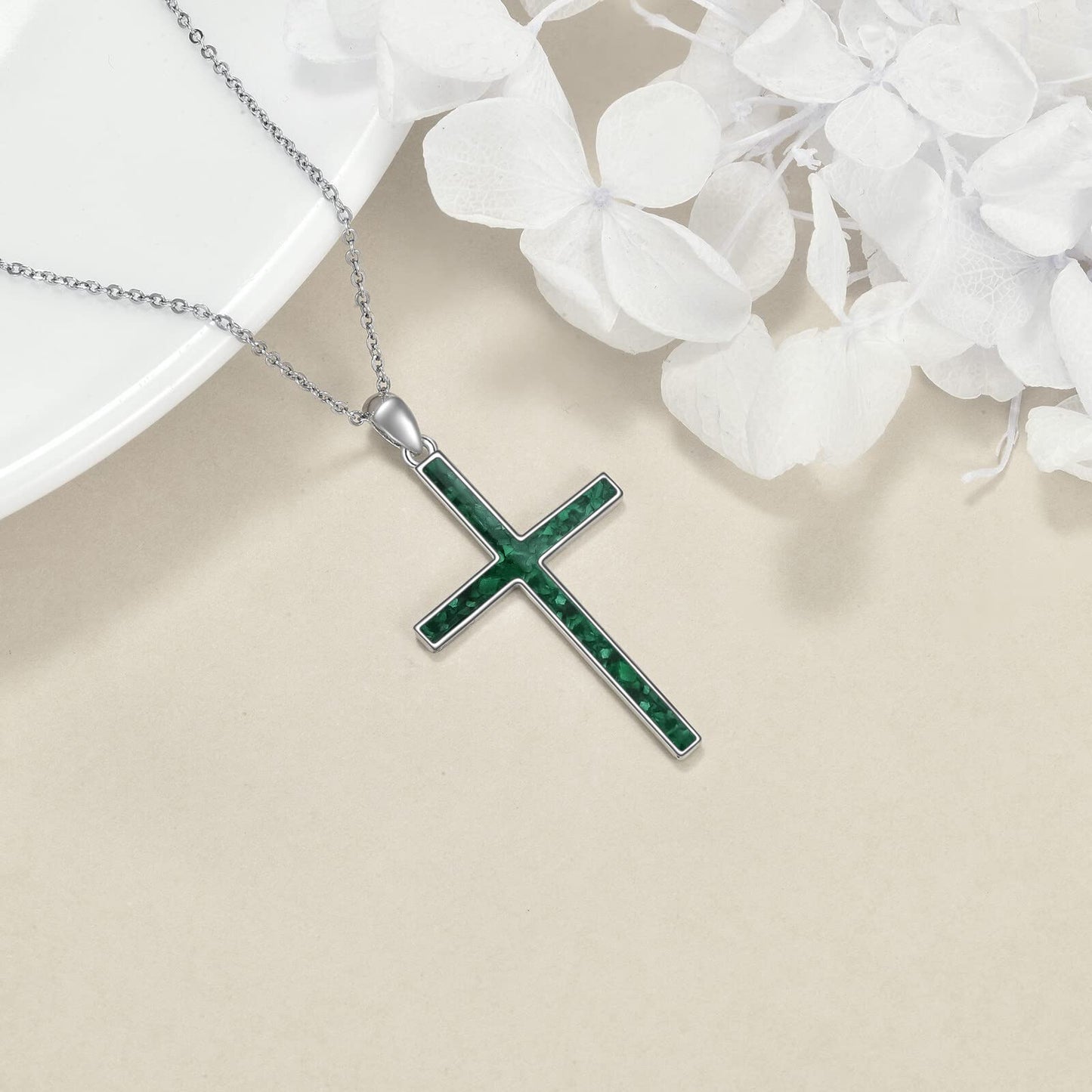 YFN Cross Necklace Sterling Silver Green Malachite Cross Pendant Religious Jewelry Gifts for Women Men