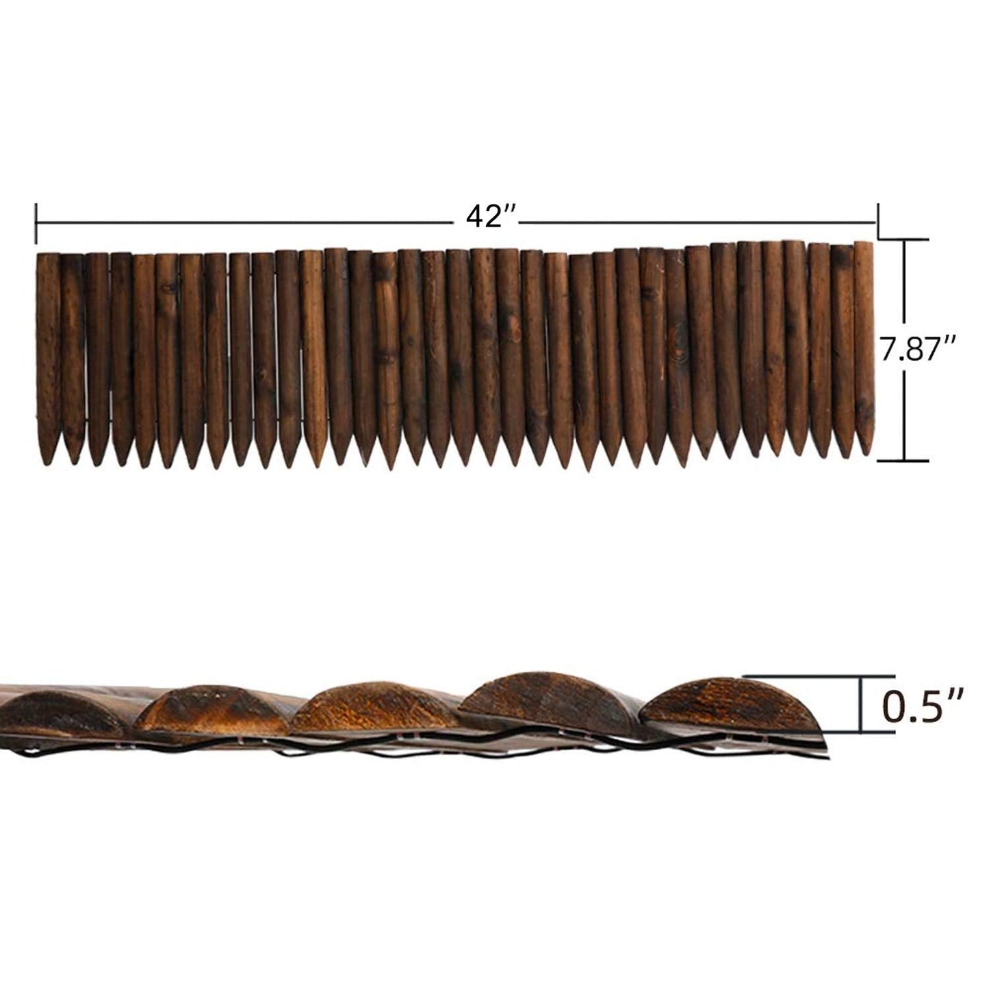 Worth Garden Wooden Short Fence Lawn Edging – Burnt Wood Finish Flexible Garden Border, No Dig Landscape Edging for Flower Beds, Tree Border & Yard – 7.9” H x 42” L
