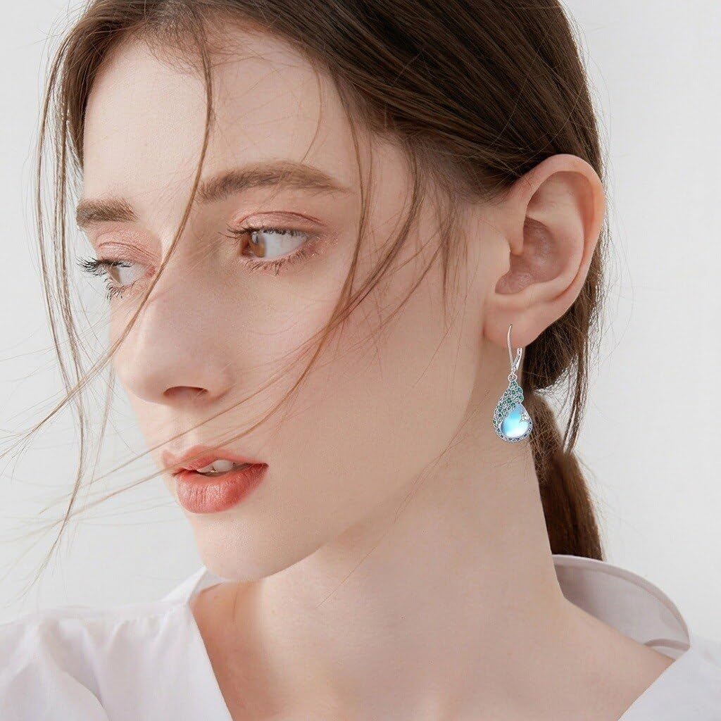 LUANIOL Peacock Earrings 18K White Gold Plated Moonstone Dangle Earrings Peacock Jewelry Gifts for Women