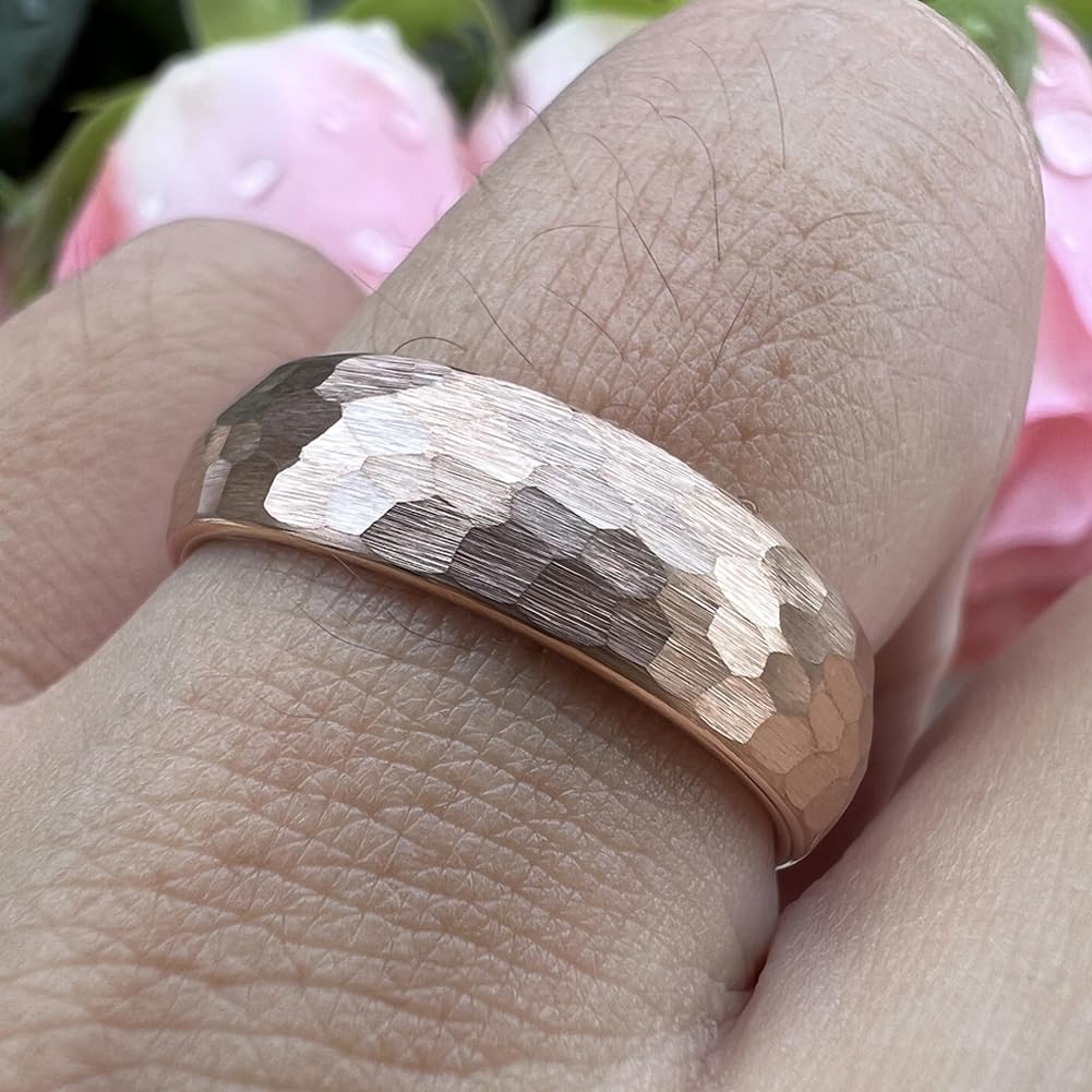 TUTISS 6mm Rose Gold Hammered Tungsten Rings for Men Women Engagement Wedding Bands Domed I Love You Engraved Comfort Fit Size 6