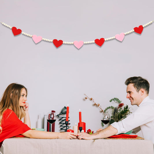 4.2 FT Felt Heart Wooden Beads Garland Valentine's Day Hanging Decorations, Romantic Beaded Tiered Tray Decor, Rustic Farmhouse Banner for Love Celebration, Shelf Display, Fireplace, Wall Decor