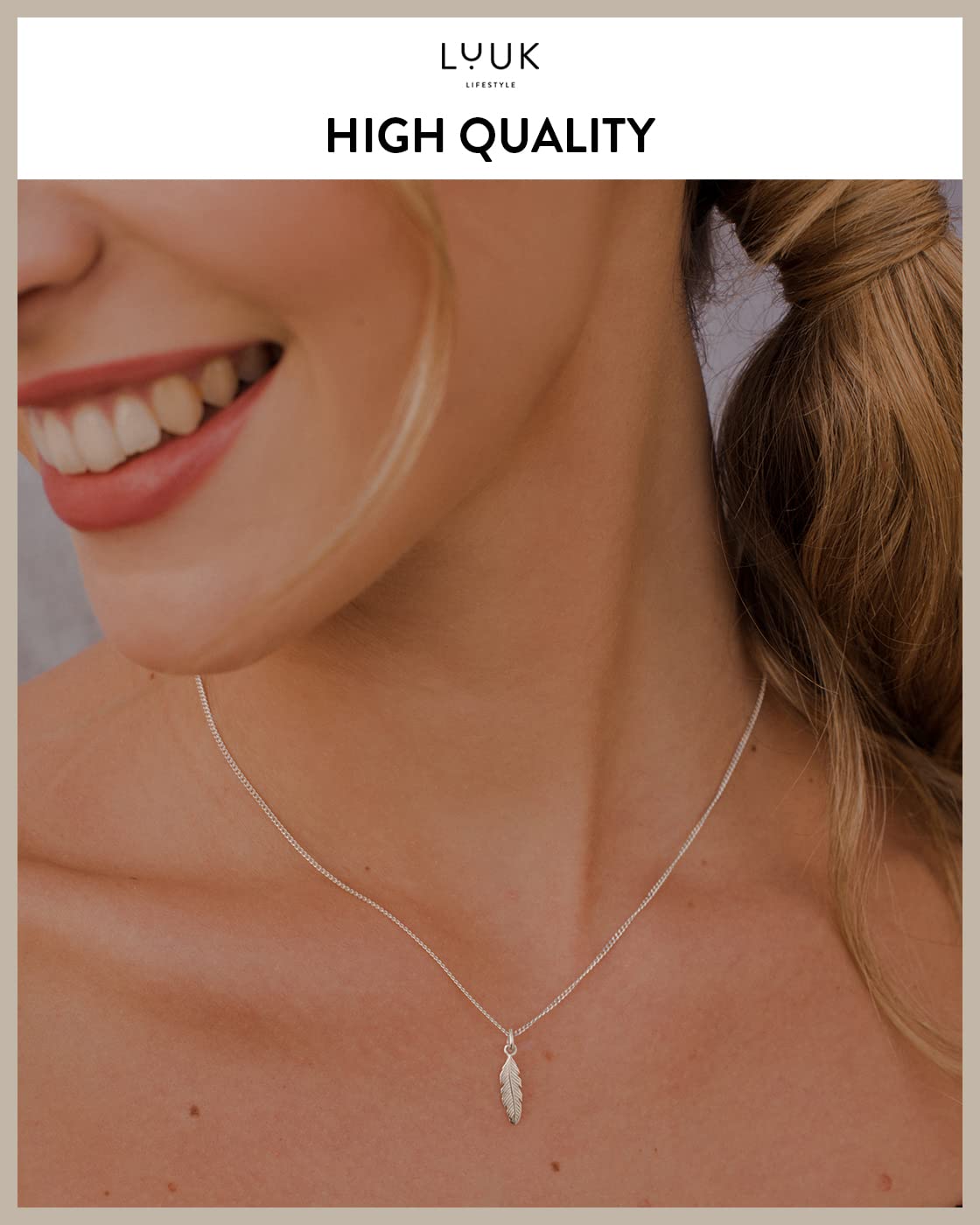 LUUK LIFESTYLE Necklace in 925 sterling silver with feather pendant and HAPPINESS gift card, trendy boho style jewelry for women, gift for friend, sweetheart, lucky charm, silver
