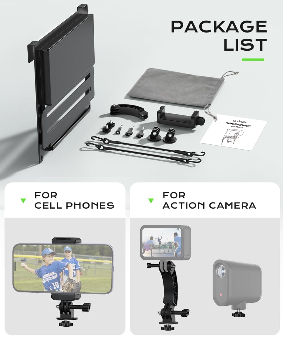 LC-dolida Foldable Phone Fence Mount with Sunshade – Ultra-Thin Portable All-in-One Kit for iPhone, GoPro, Mevo, Insta360 & Action Cameras – Stable Hands for Baseball, Football & Soccer Games