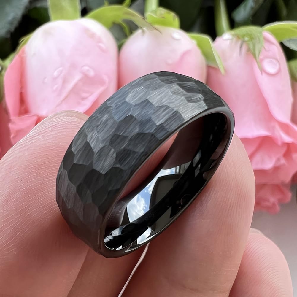 TUTISS 8mm Black Hammered Tungsten Rings for Men Women Fashion Engagement Wedding Bands Domed Matte Finish Comfort Fit Size 9