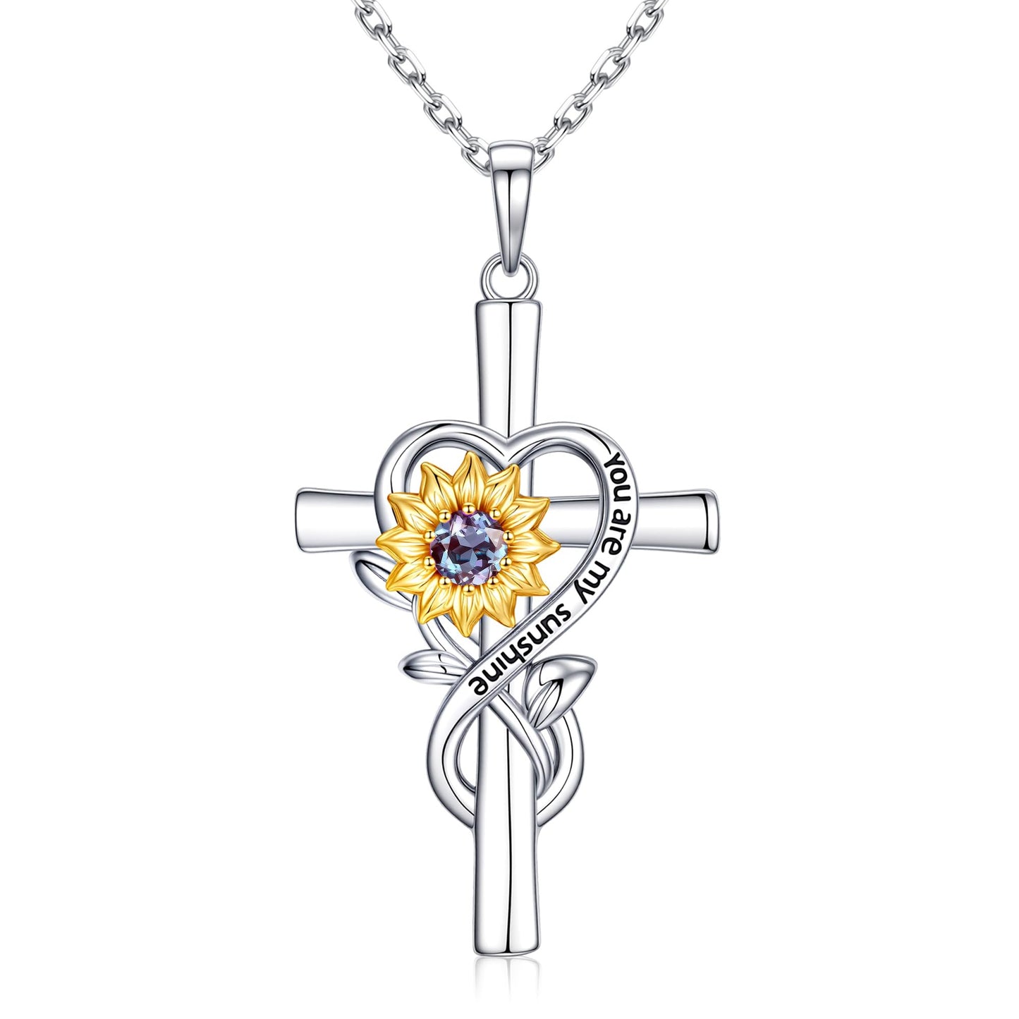 Iefil Lab-Created Alexandrite Necklace - Sunflower Cross Necklace for Women | Anniversary Birthday Gifts, Sunflower Gifts