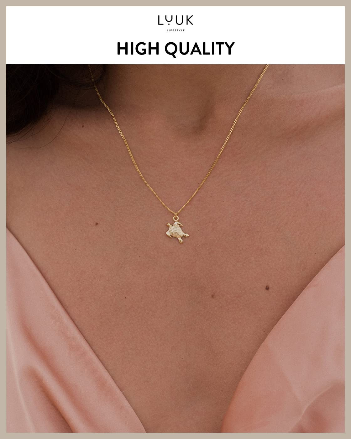 LUUK LIFESTYLE Necklace with turtle pendant and HAPPINESS gift card, 925 sterling silver, 19” chain length, jewelry for everyday life, beach, summer, tropical motif, water and sand resistant, gold