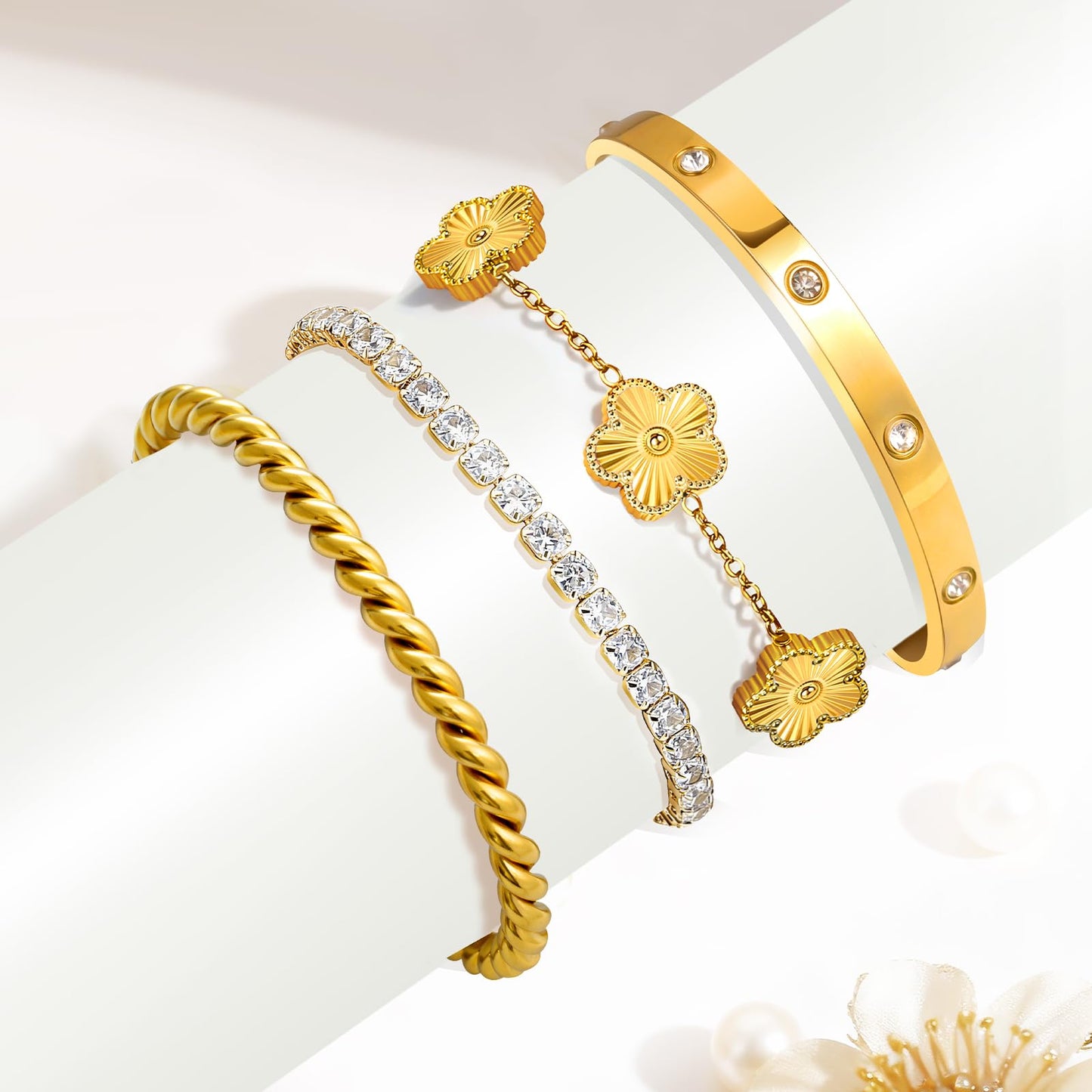 MOINSPIRE 18K Gold Plated Bracelets for Women, Stainless Steel Four Leaf Clover Tennis Nail Love Bangle Bracelets Set, Trendy Stackable Twist Cuff Bracelet Non Tarnish Jewelry Gifts for Christmas