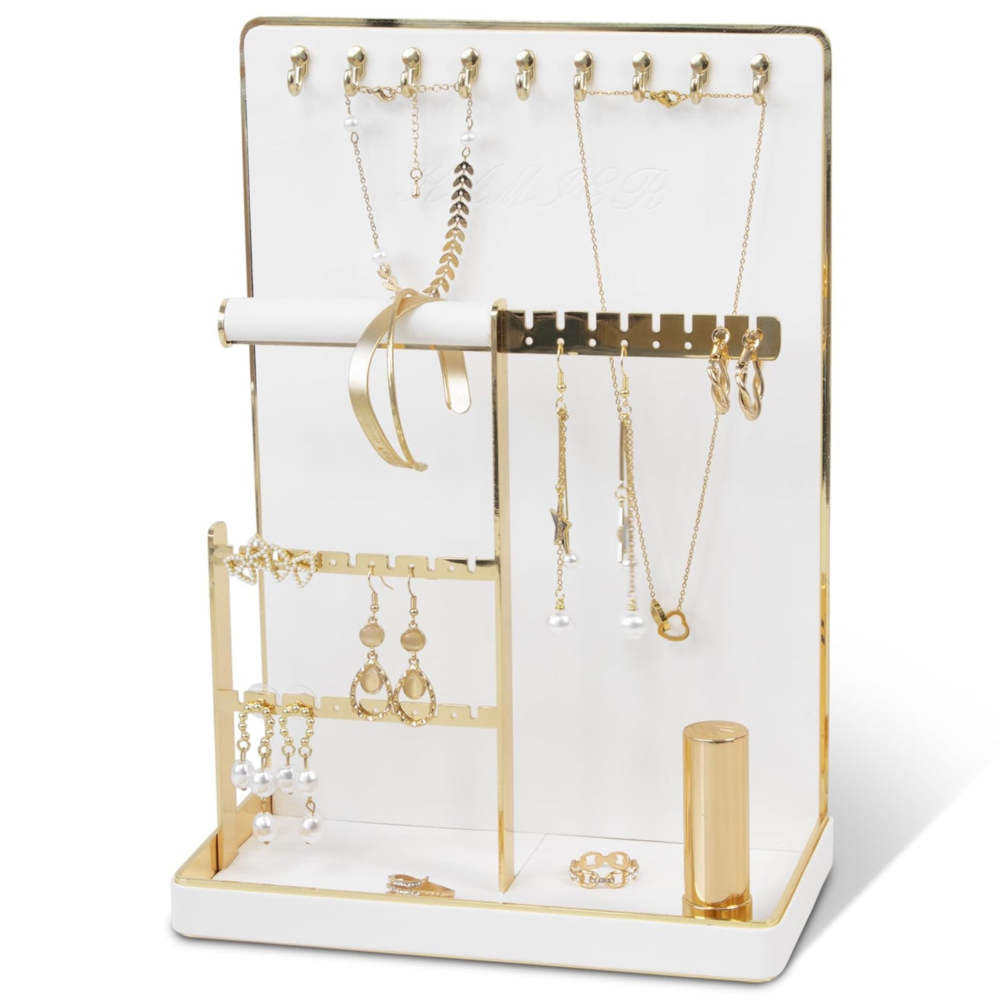 KAMIER Jewelry Organizer Stand Holder - 4 Tier Cute Necklace Holder Stand Rack with 10 Hooks - Aesthetic Jewelry Storage Rack Tree for Teen Girl Room Decor -White
