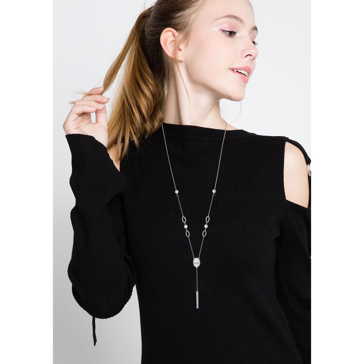 Oval Bar Bead Long Chain Sweater Necklace for Women S925 Sterling Silver Long Chain Oval Cubic Zirconia Synthetic Pearl Beads Large Pendant Sweater Y-Necklace for Women 26+2 inches