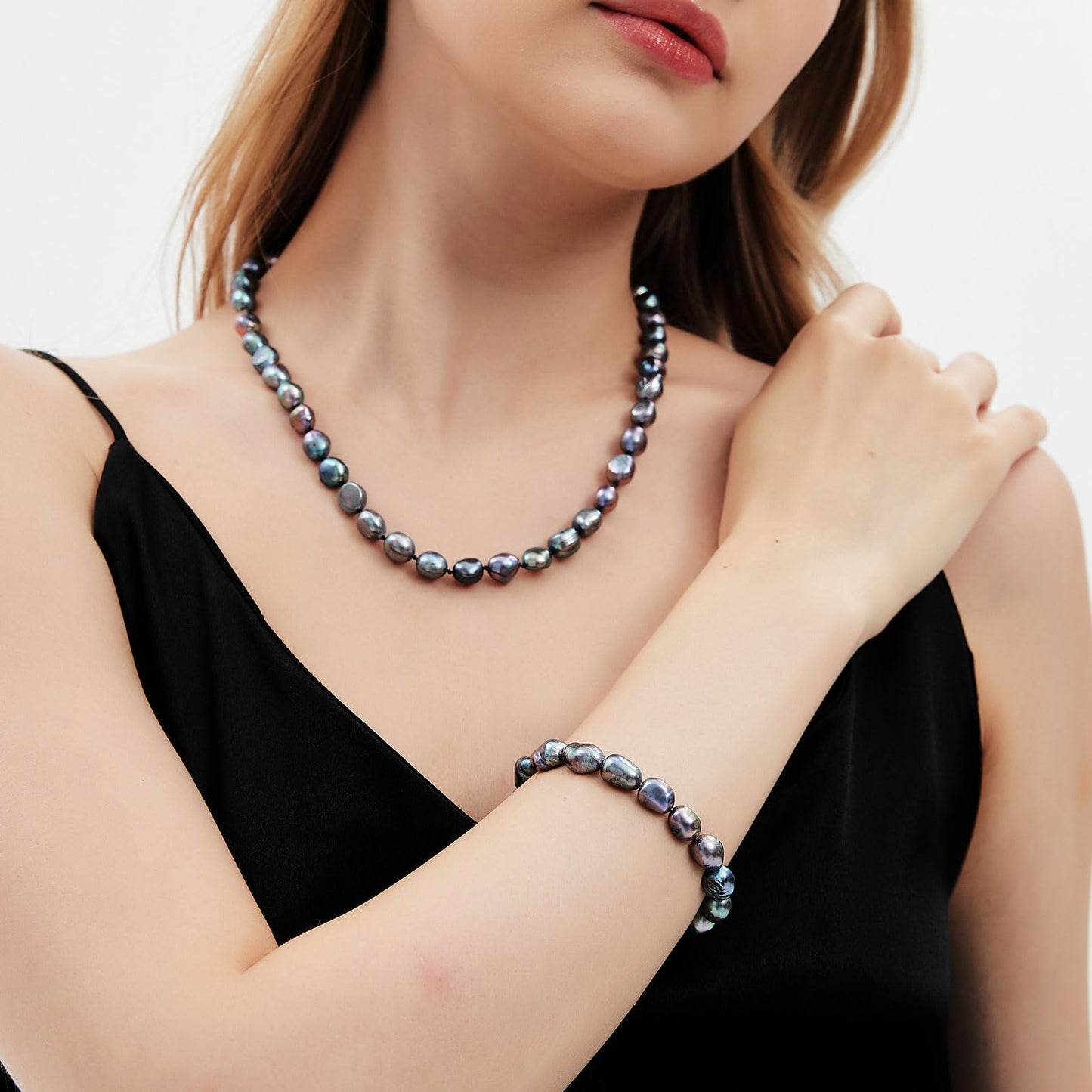 BAMIKI Black Pearl Necklace and Earrings Baroque, Tahitian Pearl 8-9.5mm, 925 Sterling Silver Clasp, Jewelry for Women, Gifts for Mother wife Anniversary Birthday, 18+2IN Adjustable Chain