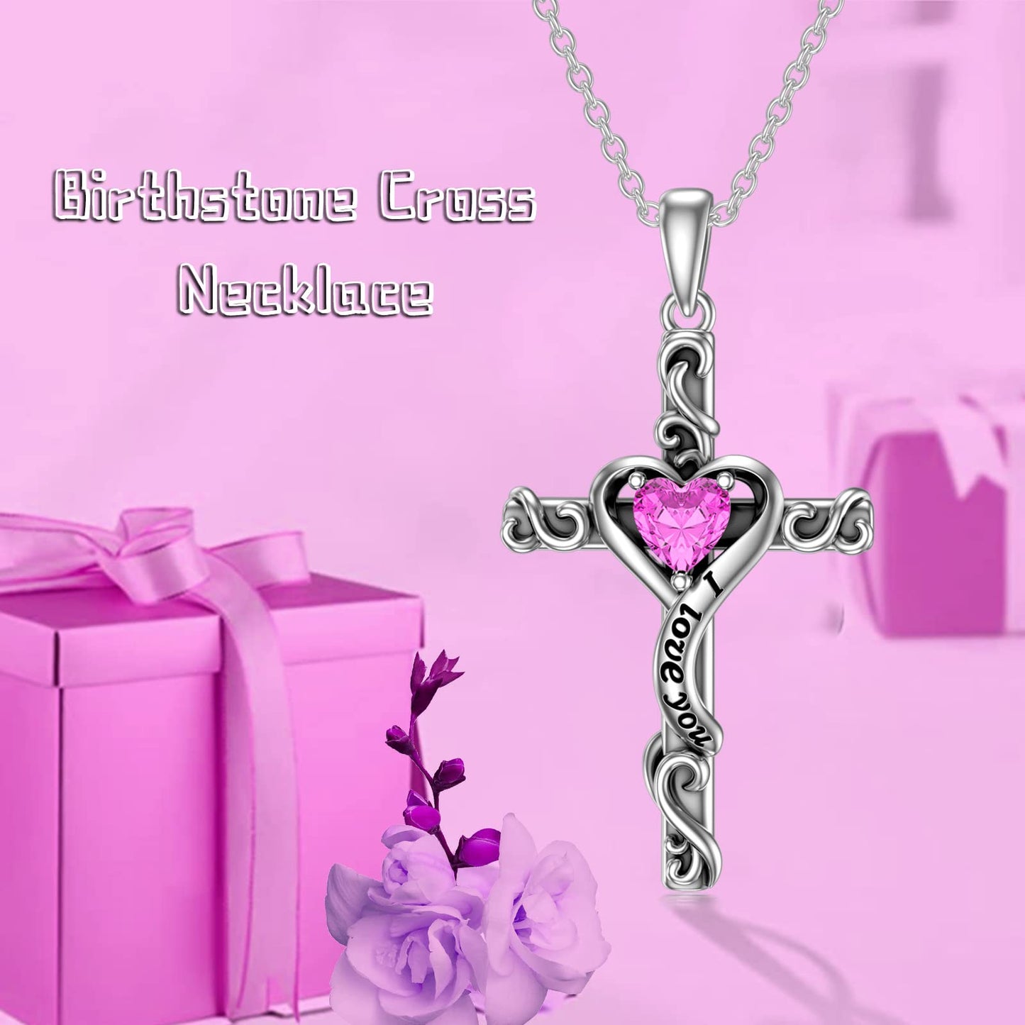 TOUPOP Pink Tourmaline Cross Necklace for Women Valentines Day Gifts Sterling Silver October Birthstone Cross Pendant Necklace Heart Love Jewelry for Her Girlfriend Wife Mom Birthday Christmas Gifts