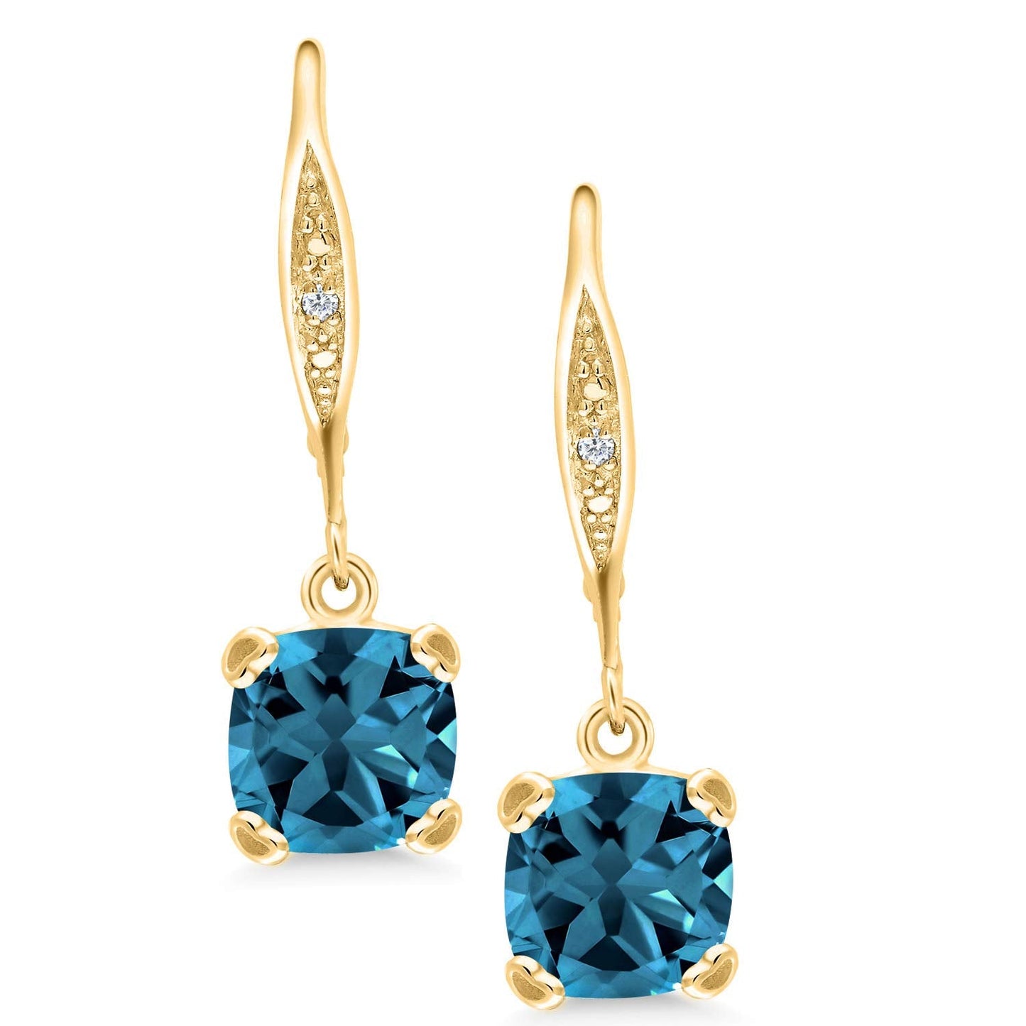 Gem Stone King Drop Dangle Earrings For Women | 7MM Cushion Cut Gemstone Birthstone and Diamond | 925 Sterling Silver | Jewelry Gift for Mom Wife Her | London Blue Topaz-November | Yellow Gold