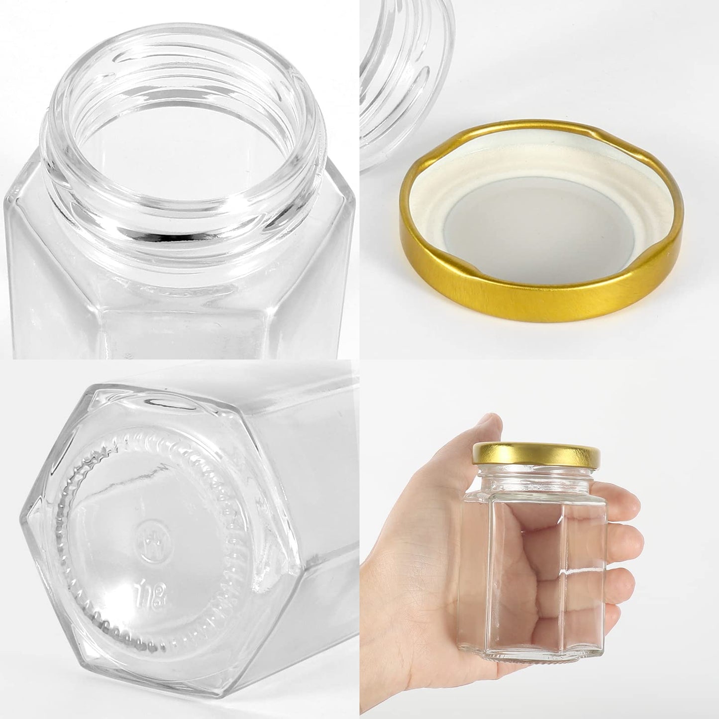 Keketin 4 oz Hexagon Glass Jam Jars with Gold Lids,30 Pack Canning Jars for Jams,120ml Small Glass Honey Jar for Food Storage,Spices,Sauces,Baby Foods,Wedding Favors and Jars Crafts