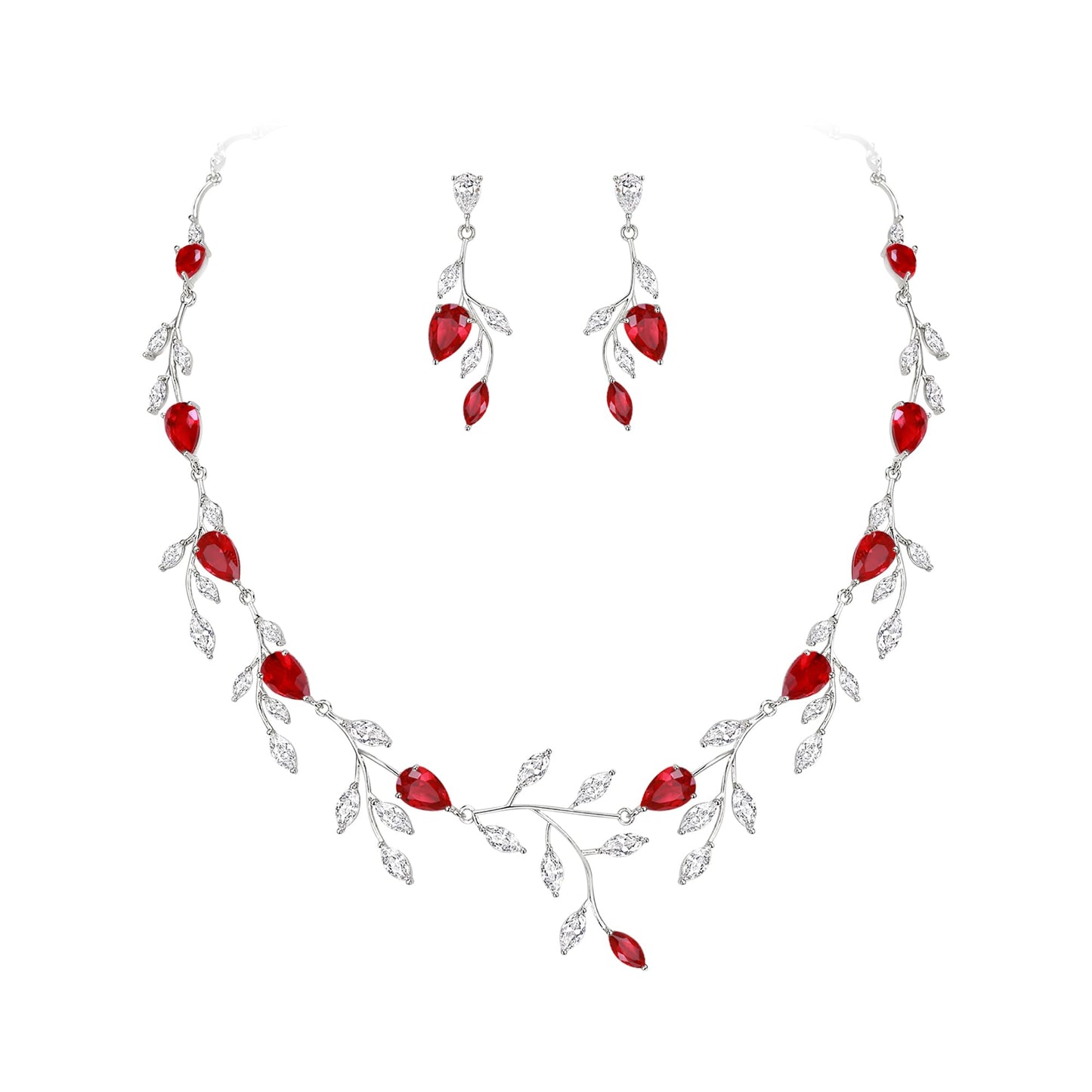EVER FAITH Wedding Jewelry for Bride Women Bridesmaid, Sparkly Red Cubic Zirconia Pear-Shaped Birthstone Leaf Necklace Earrings Set for Prom