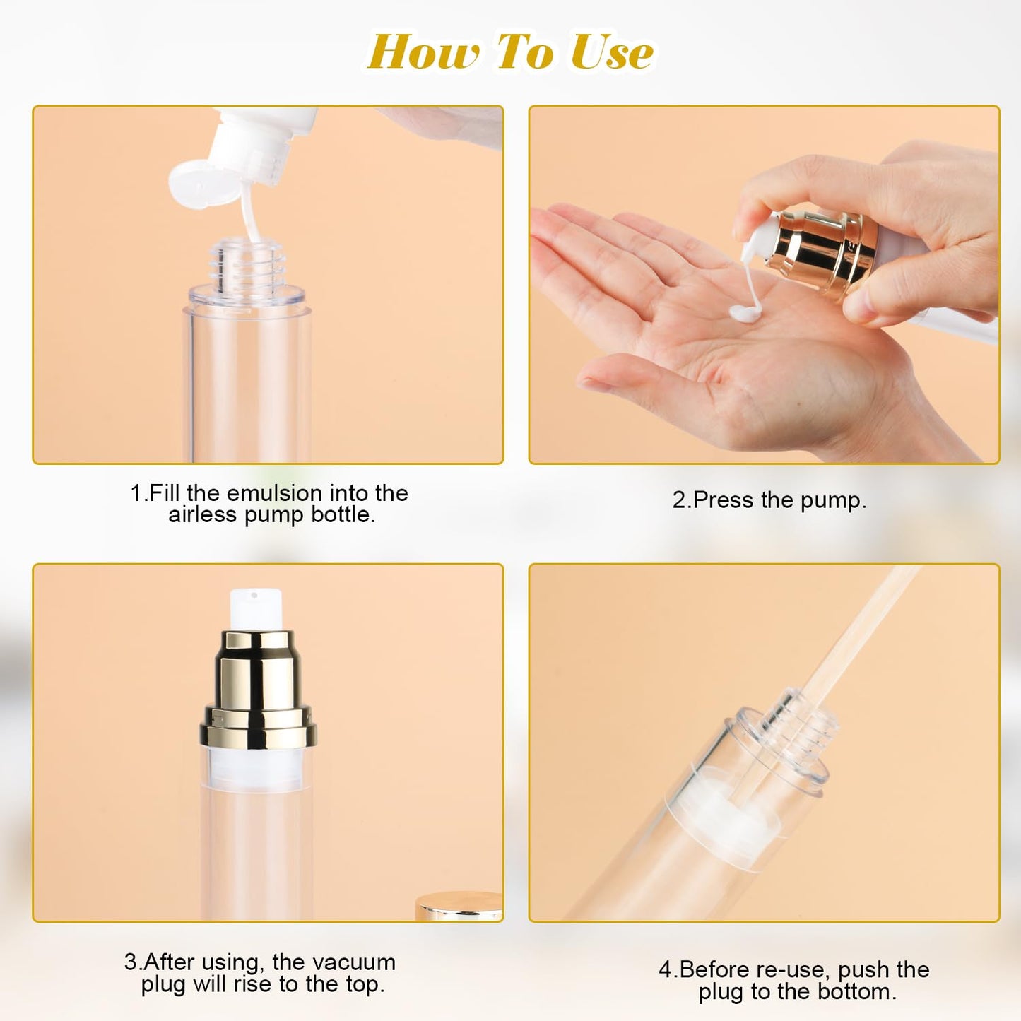 4 Pack 50ml/1.7oz Clear Airless Pump Bottle Plastic Vacuum Pump Press Container Empty Lotion Dispenser for Cream Toiletries Liquid Foundation Cosmetic Sample Travel - Gold