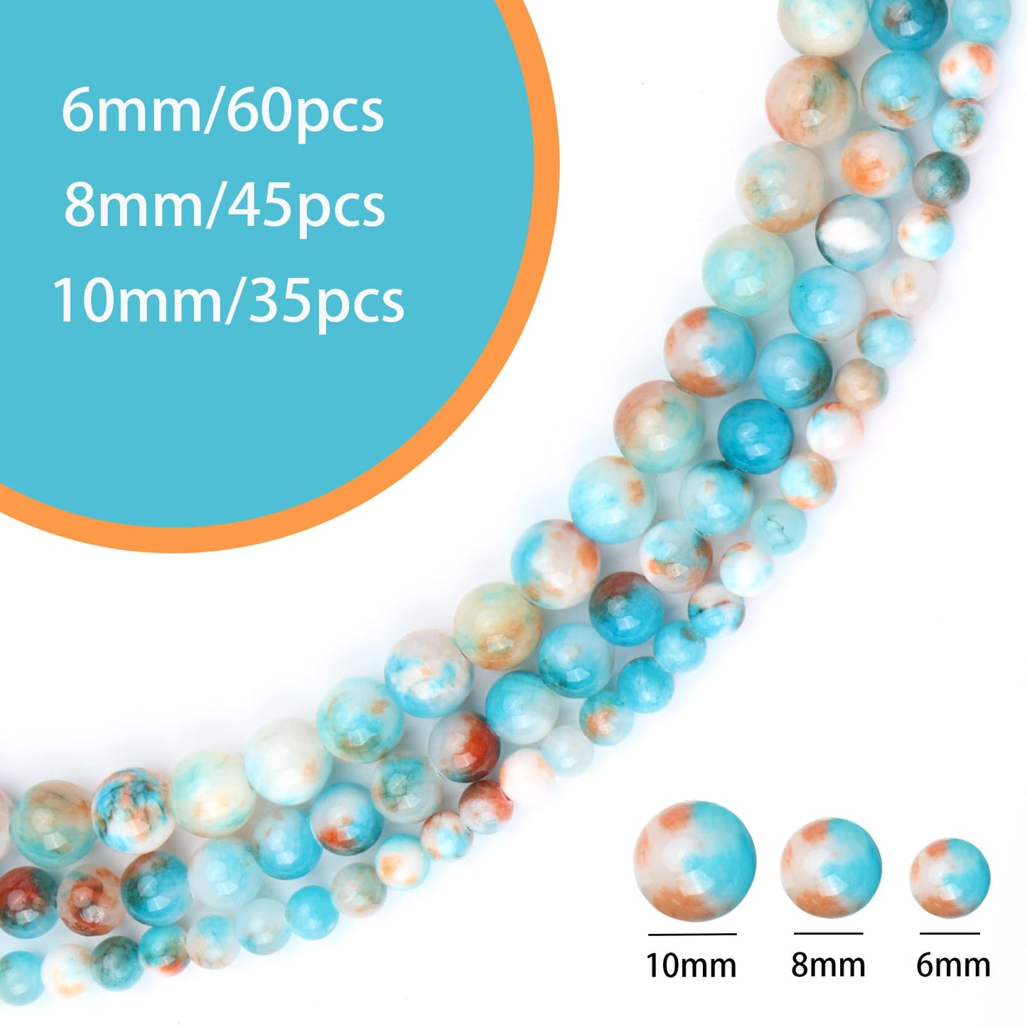 Siomia 60pcs 6mm Natural Blue Colorful Persian Jade Beads Energy Healing Crystal Round Loose Stone Beads for Jewelry Making, DIY Bracelets Necklaces