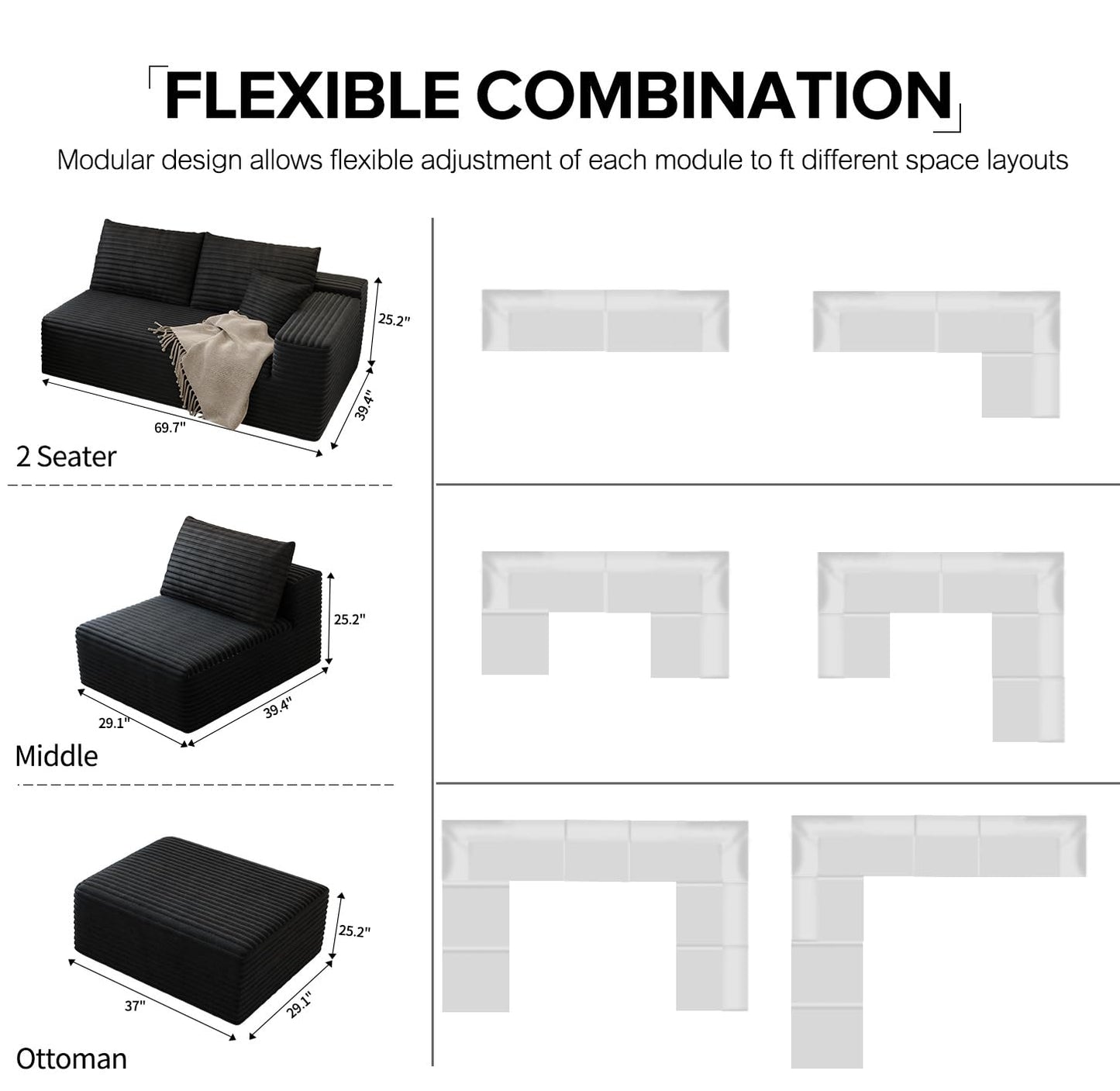 139.4" Modular Sectional Sofa Couch, Oversized U-Shaped Minimalist Couches with 2 Ottomans Chaise and 2 Middle Seats, Modern Deep Seat Cloud Plush Corduroy Sofas Set for Living Room, 8 Seater, Black