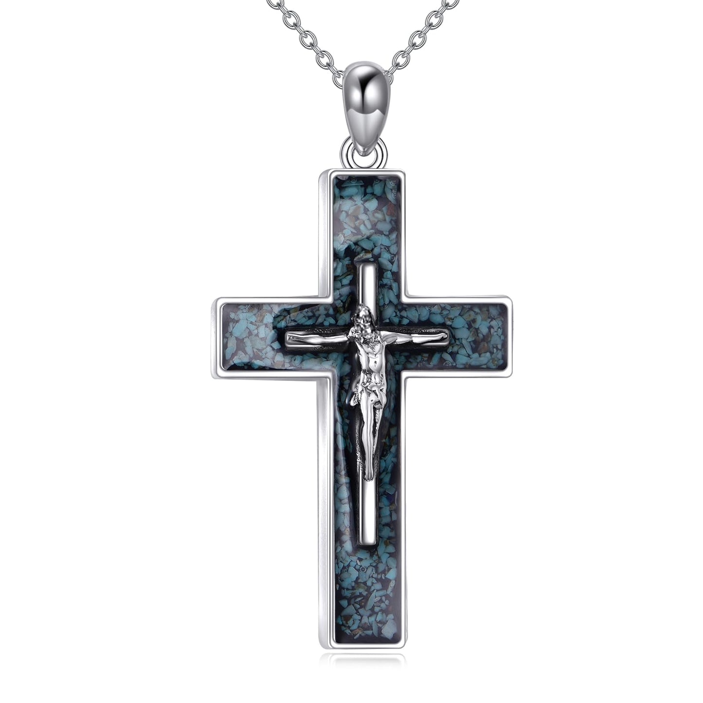 YFN Crucifix Cross Necklace Sterling Silver Jesus Cross Pendant Turquoise Jewelry Christian Gifts for Women Men