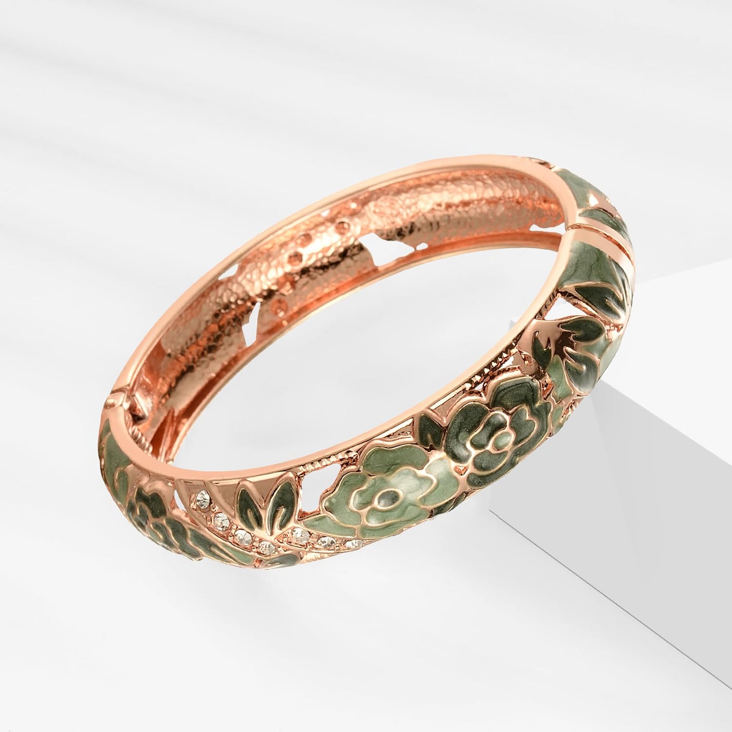 wynameleri Vintage Cloisonne Jewelry Gorgeous Rhinestone Handcrafted Bracelets Enamel Flower Bird Hinged Cuff Bangles Gifts 88C06-55A114 Green