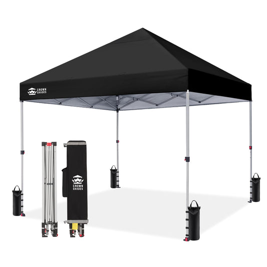 CROWN SHADES 8x8 Pop Up Canopy, Patented Center Lock One Push Instant Popup Outdoor Canopy Tent, Newly Designed Storage Bag, 8 Stakes, 4 Ropes, Silver-Coated Black