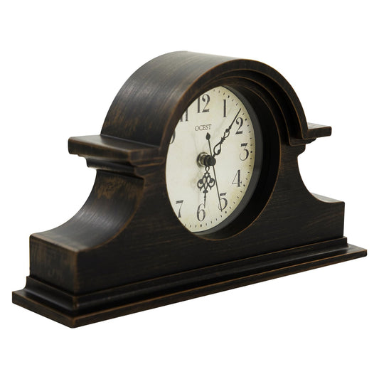 OCEST Vintage Farmhouse Mantel Clock - 13 x 7 Inch Quartz Gilt Finish Battery Operated, Plastic Napoleon Classic Desk & Shelf Décor for Living Room Office Tabletop Bedroom (Walnut Brown)