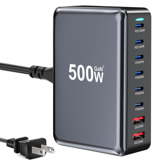 500W USB C Fast Charger Block, Multi-port USB Charging Station, GaN Ⅲ Double 100W PD PPS Port Fast Charging Station for Multiple Devices,Laptop Wall Charger Compatible with MacBook, iPhone 17,iPad etc