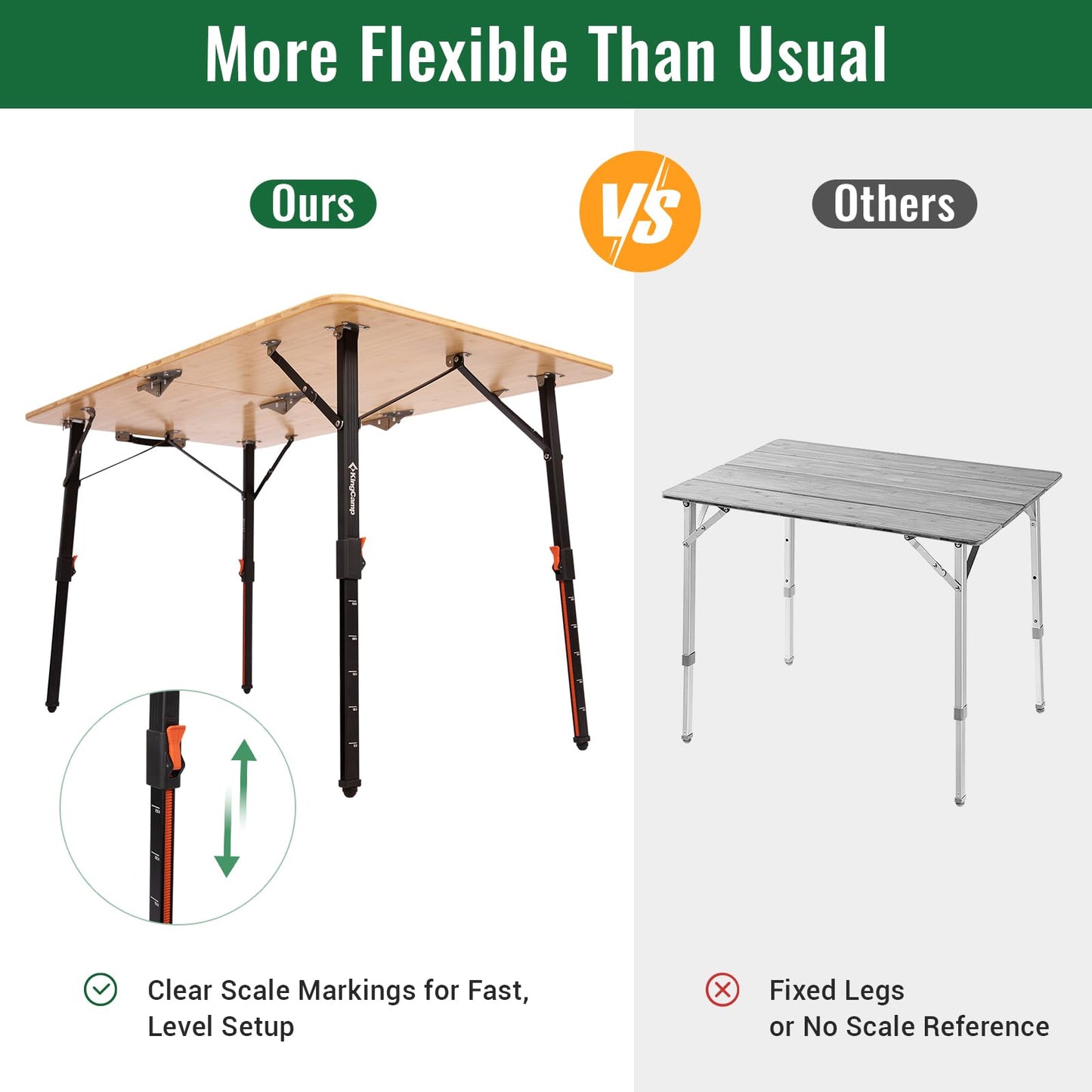 KingCamp Bamboo Folding Table, 47 Inch Large Portable Camping Table with Adjustable Height Legs for Uneven Ground, High-Strength Bamboo Surface Holds 265lbs, Multi-Scenario Table for Home & Outdoor