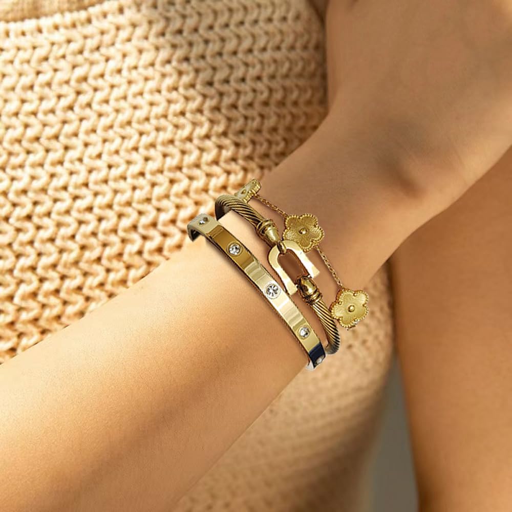 Belt Buckle Bracelets set for Women 3Pcs Stackable Love Bangle 18K Gold Plated Clovers Bracelet Floral Bracelet Set Trendy Gifts for Women
