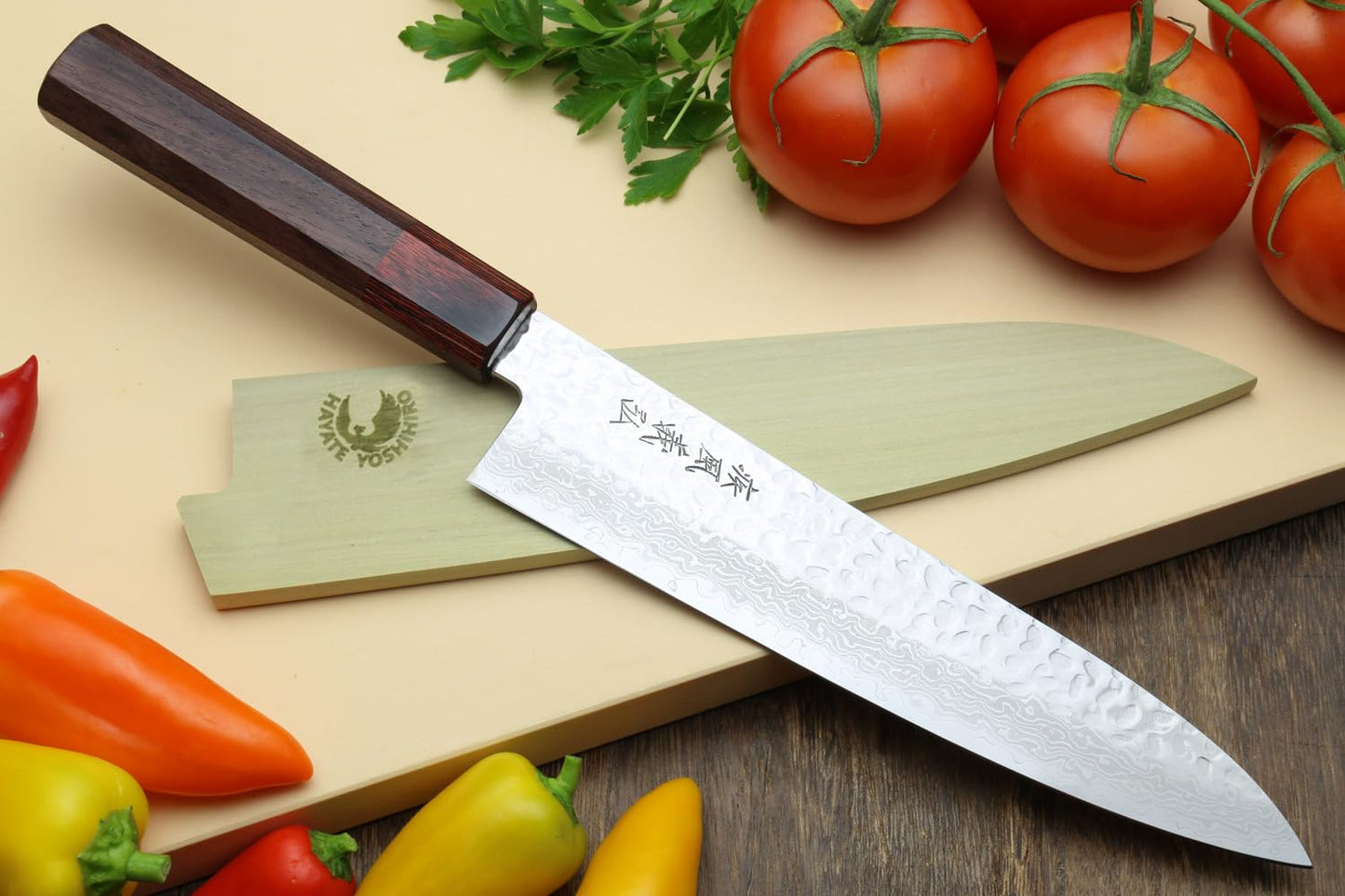 Yoshihiro VG10 46 Layers Hammered Damascus Gyuto Japanese Chefs Knife (Octagonal Shitan Rosewood Handle) (7" (180mm))