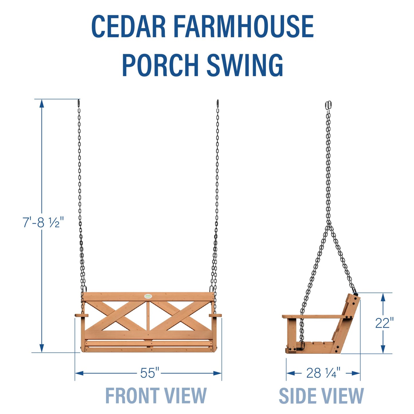 Backyard Discovery 55" Cedar Wood Farmhouse Outdoor Porch Swing Bench with Two-Person Seating, Durable Hanging Chains, Water-Resistant, Heavy-Duty 600 Lbs Weight Capacity for Patio, Deck, Garden