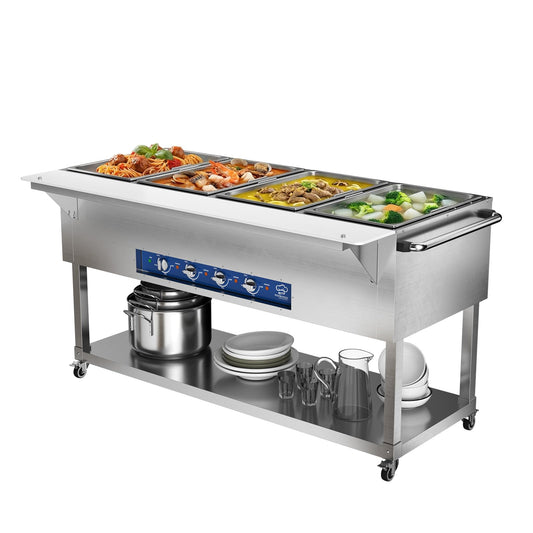 TOPKITCH Commercial Electric Food Warmer Soup Station - 4 Independent 19.5L Pans with German EGO Thermostat, Rolling Stand with Adjustable Shelves for Restaurant, Catering, Party