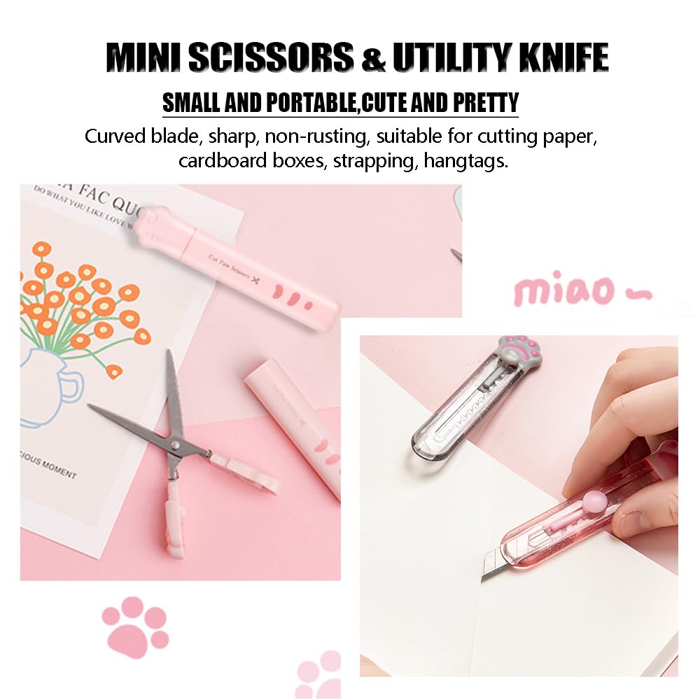 Cute School Supplies,Stationary Gift Set, Japanese Stationery Birthday GIFS, Includes Pencil Sharpener,Eraser, Correction Tape, Ruler, Mini Scissors,Utility Knife, for Office School Supplies (Pink)