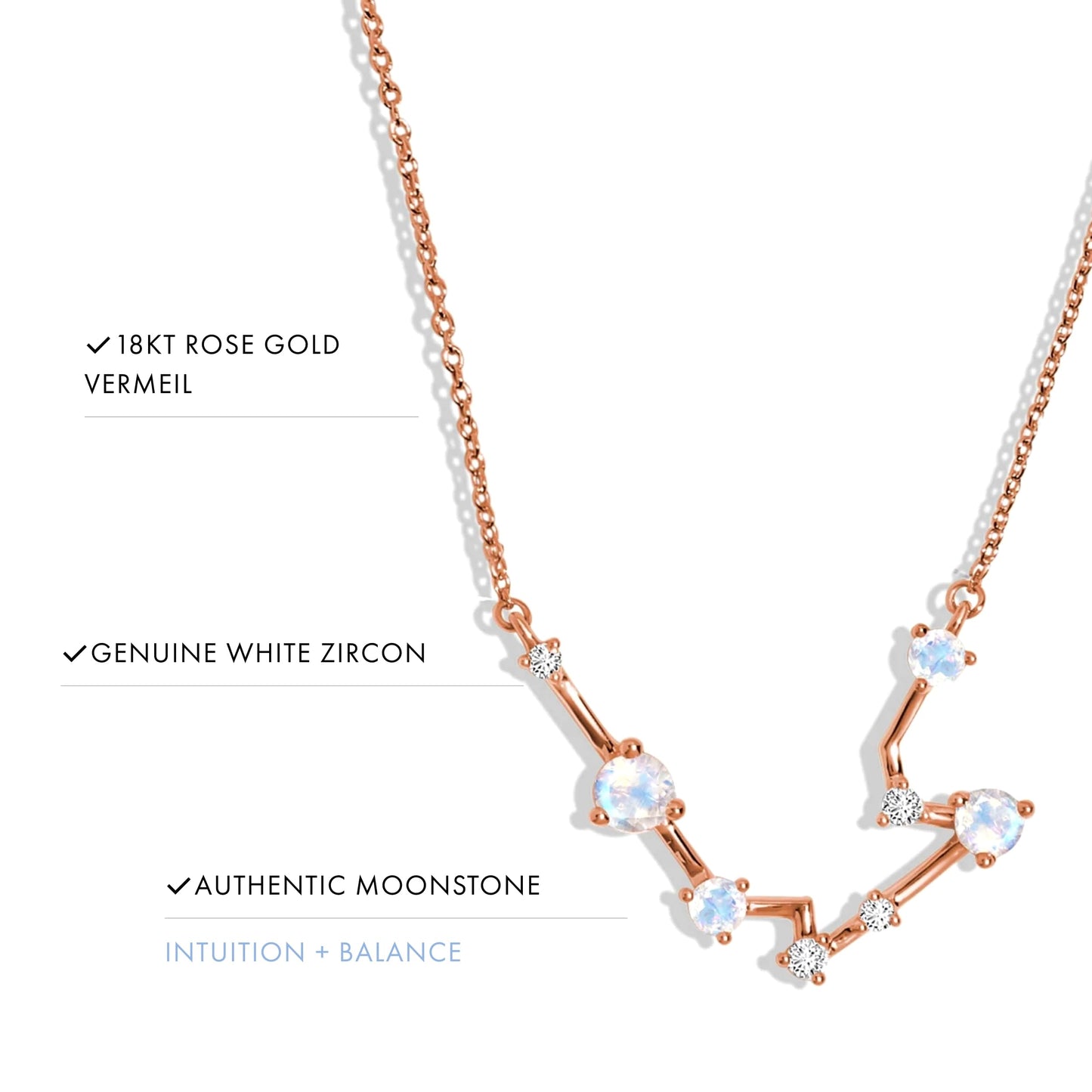 Moon Magic Moonstone Necklace - Aquarius Zodiac Constellation / 925 Sterling Silver - 18k Rose Gold - Yellow Gold Rainbow Moonstone Necklaces for Women/Authentic Rainbow Crystal Jewelry