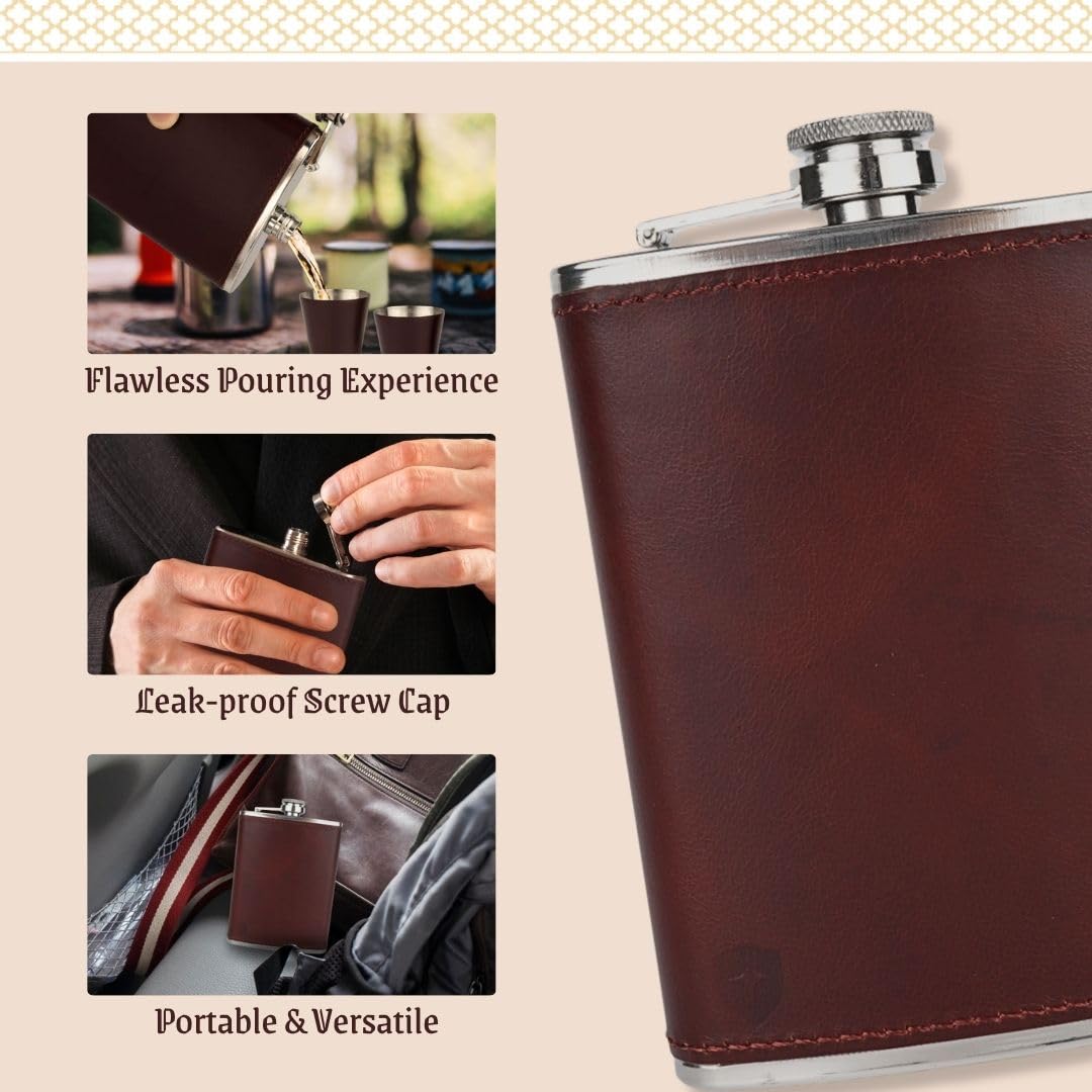 Men's Leather Flask (Brown) with 2 Cups and Funnel - 100% Leak Proof with Stainless Steel and Premium Leather, Gift Set for Father, Grandfather, Boyfriend, and Groomsmen