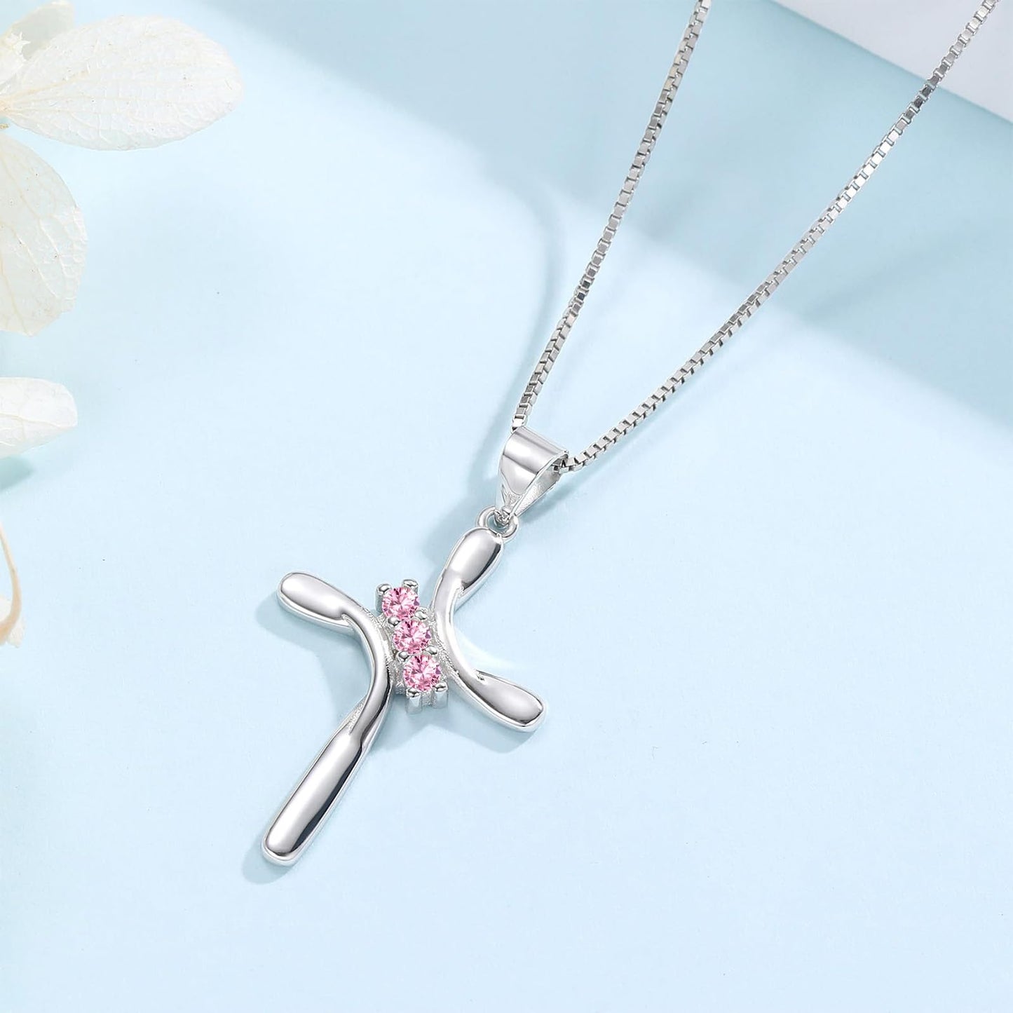 EVERU S925 Sterling Silver Cross Necklace for Women Birthstone Necklace with Cubic Zirconia 18K Gold Plated Cross Pendant Jewelry Ideal Gift Pink Tourmaline October