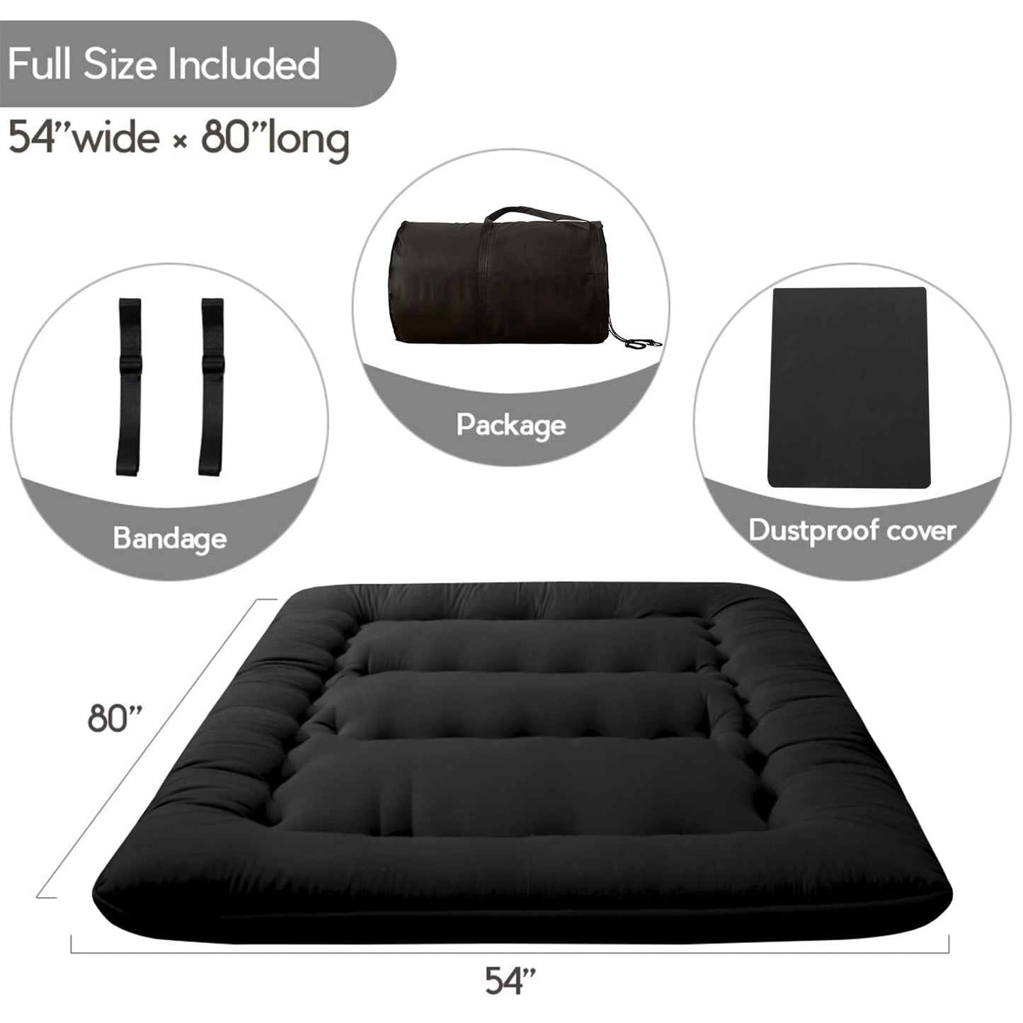 MAXYOYO Japanese Floor Mattress Futon Mattress, 4" Thicken Tatami Mat Sleeping Pad Foldable Roll Up Mat Boys Girls Dormitory Pad Kids Floor Lounger, Black, Full
