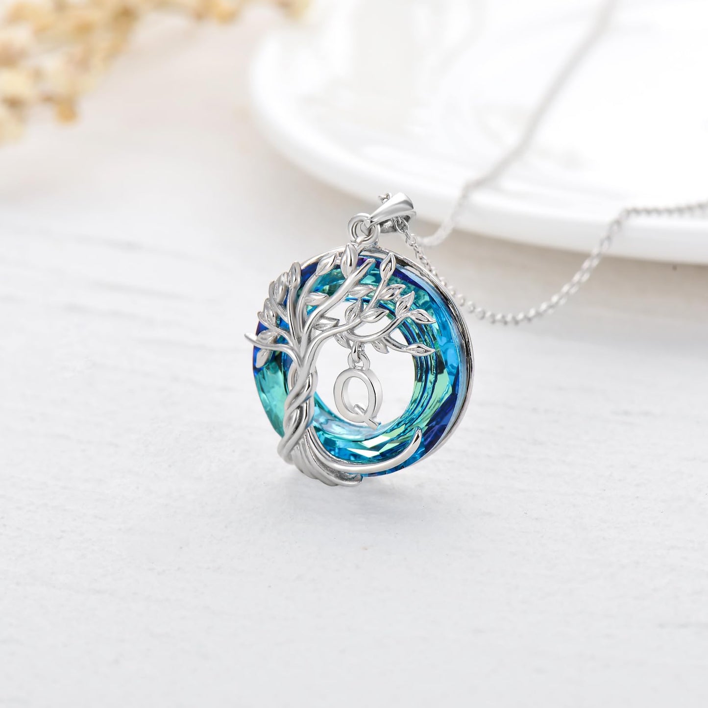 TOUPOP Tree of Life Initial Necklace Gifts for Women Sterling Silver Initial Q Letter Jewelry Irish Crystal Pendant Birthday Gifts for Women Her Mom Wife Daughter