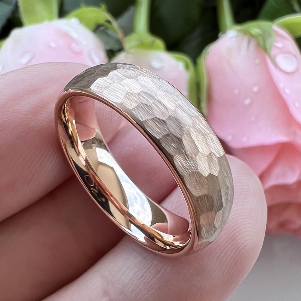 TUTISS 6mm Rose Gold Hammered Tungsten Rings for Men Women Engagement Wedding Bands Domed I Love You Engraved Comfort Fit Size 9.5