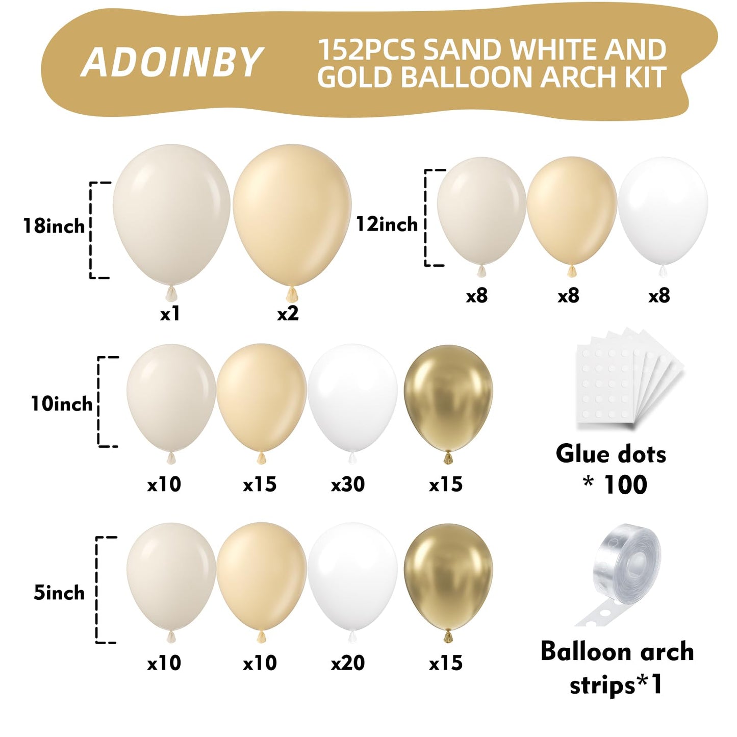 ADOINBY Sand White Gold Balloon Arch Kit, 140Pcs Beige Nude White Balloon with Metallic Gold Balloon Garland Kit for Boho Birthday Wedding Baby Shower Bridal Shower Engagement Prom Party Decorations