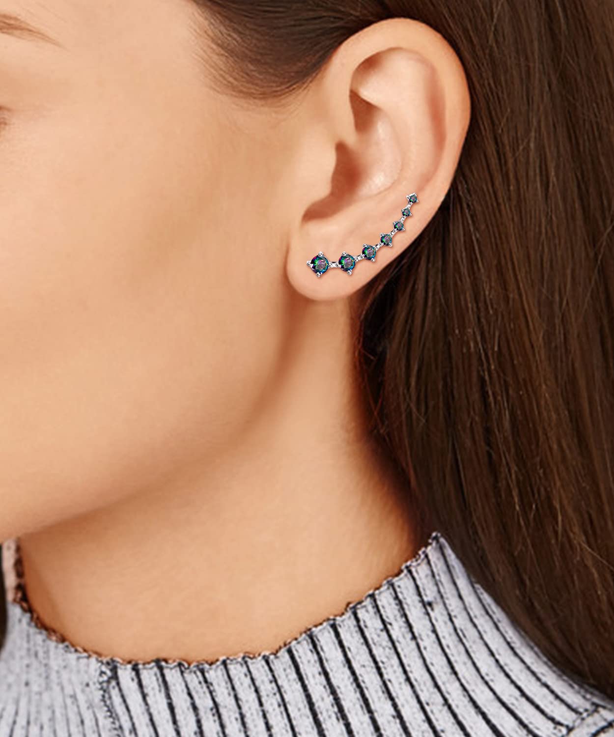 Sterling Silver 7 Crystals Ear Cuffs Climber Cartilage Earrings Dainty Trendy Jewelry Hypoallergenic Fashion Earring Charms Birthday Gift for Women (Colorful Black)